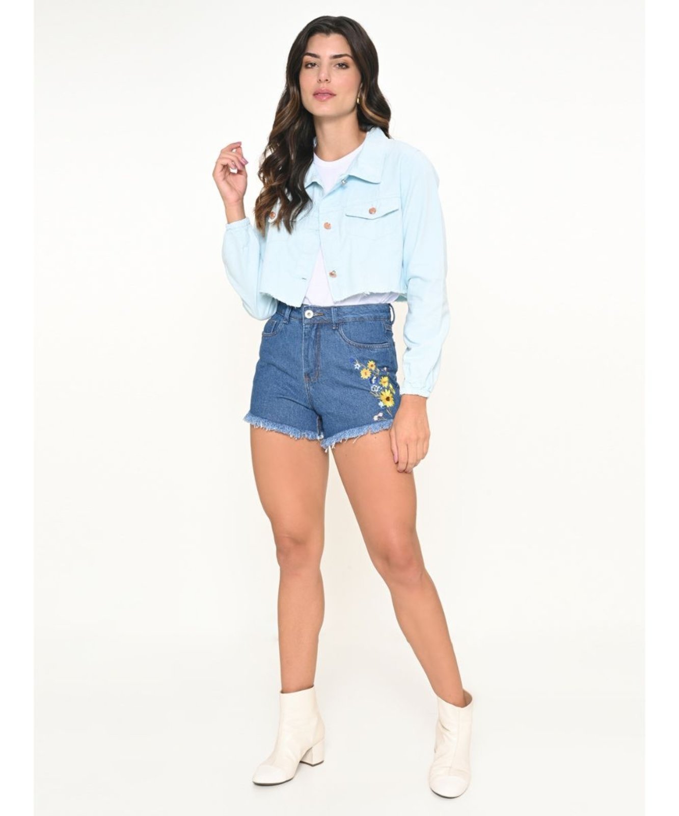Jaqueta Feminina Sarja Azul Sky Cropped
