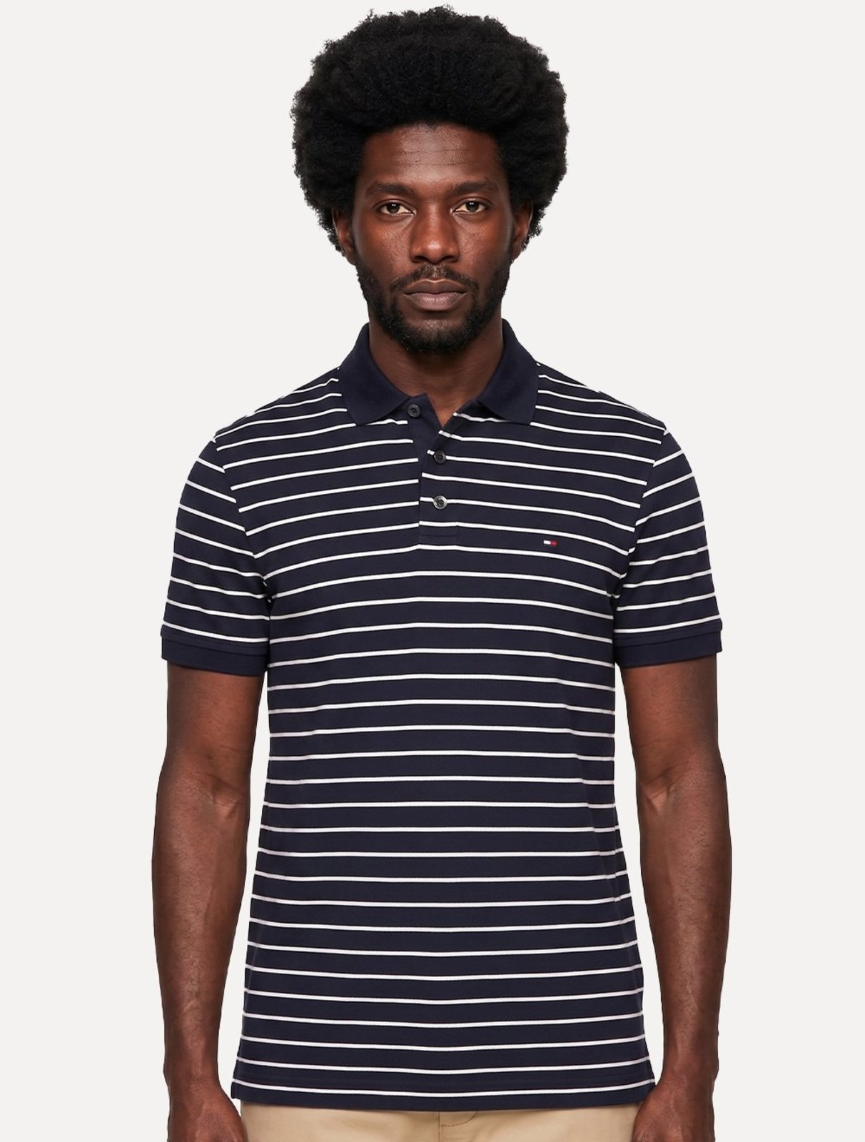 Polo Tommy Hilfiger Masculina Regular Piquet 1985 Listrada Azul/Branco