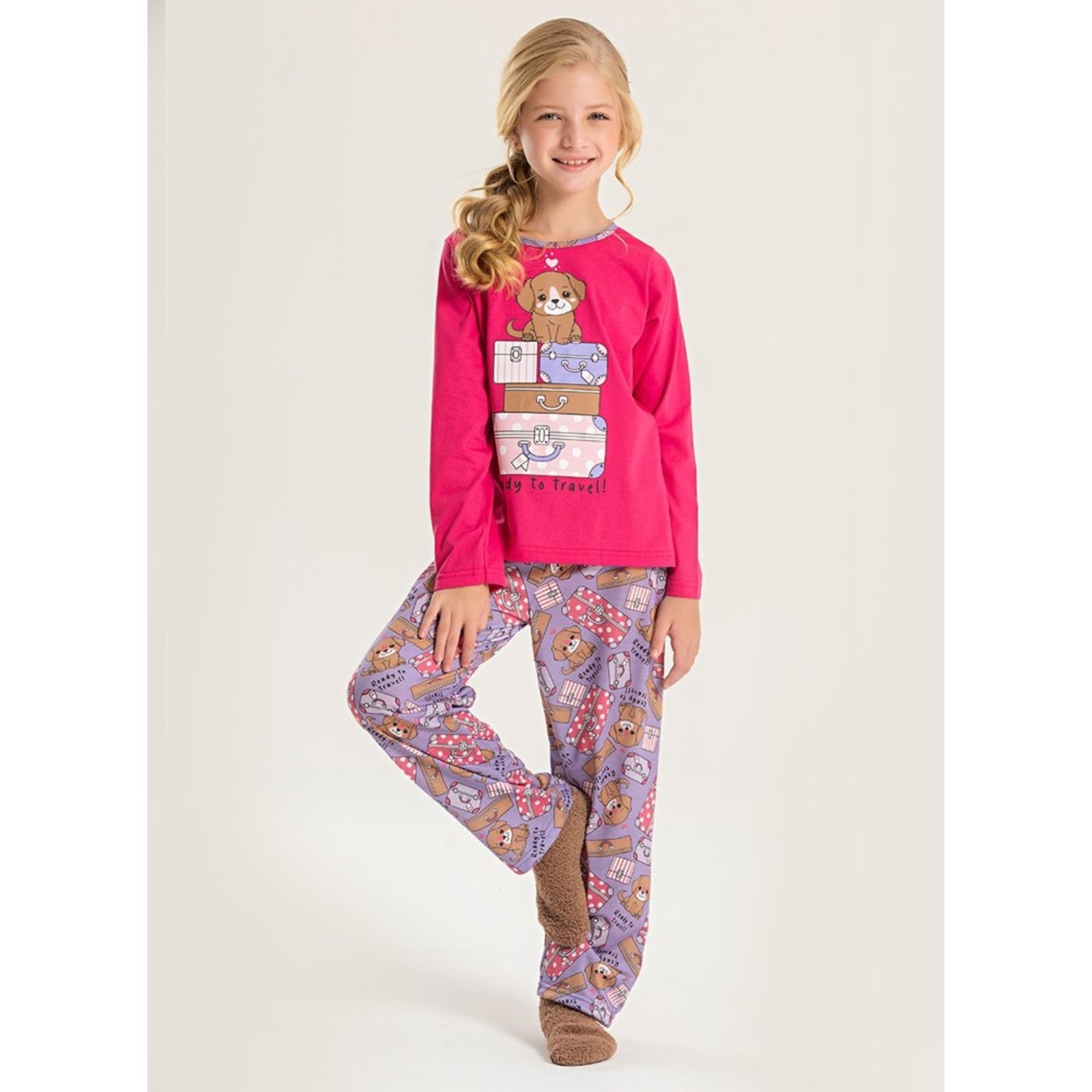 Pijama Longo Menina Rosa Blusa e Calça Cachorrinho Viajante
