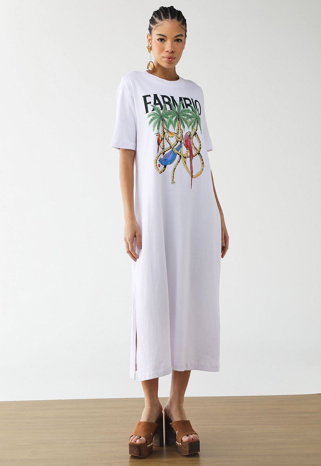 Vestido Feminino FARM Estampa Tropical Midi Branco