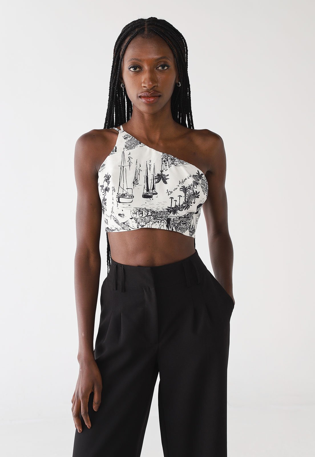 Top Feminino Colcci Um Ombro Só Estampa Náutica Preto e Branco