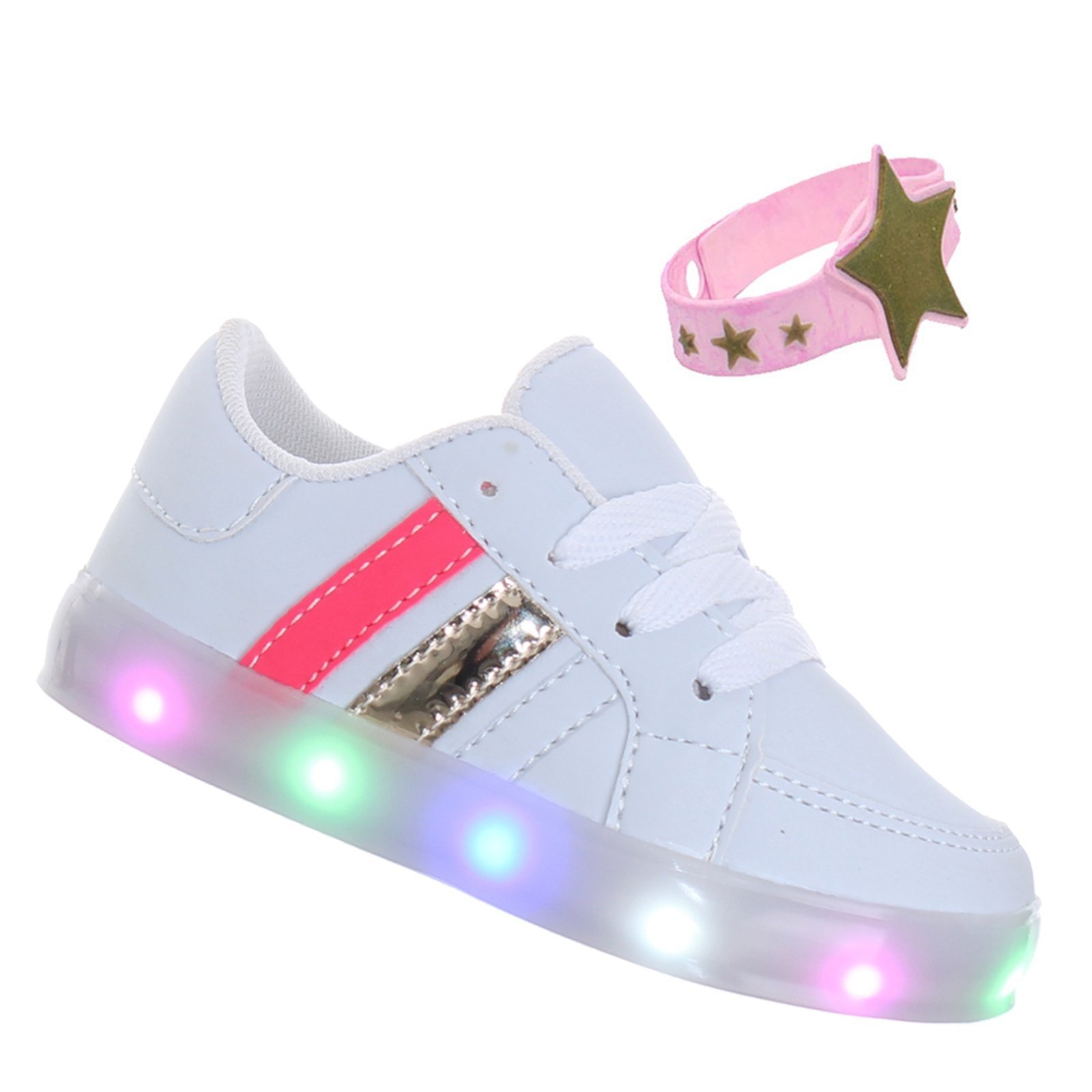 Infantil - Tenis LED com Luz Pisca Branco dourado rosa juvenil
