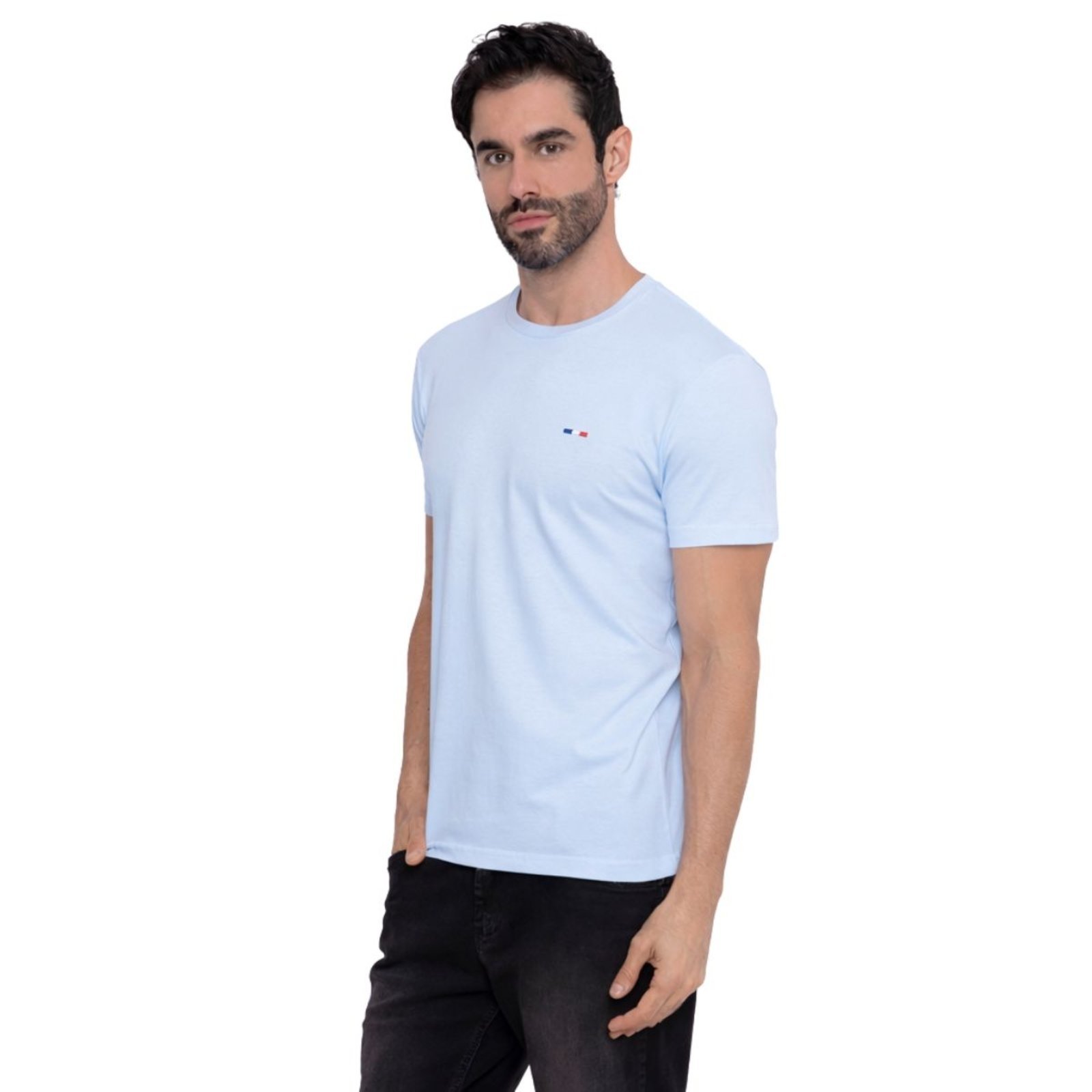 Camiseta Masculina Básica Industrie com Bordado no Estilo Tommy Algodão Premium França Azul