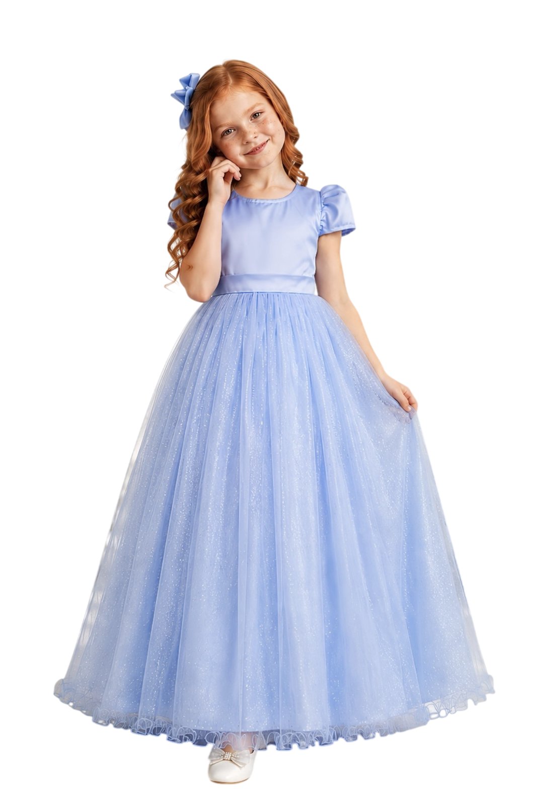 Infantil - Vestido Longo Menina Juvenil Festa Azul Claro Serenity Brilho Formatura Casamento Juvenil Princesa Social Rodado Florista Dama Daminha Aniversário Luxo