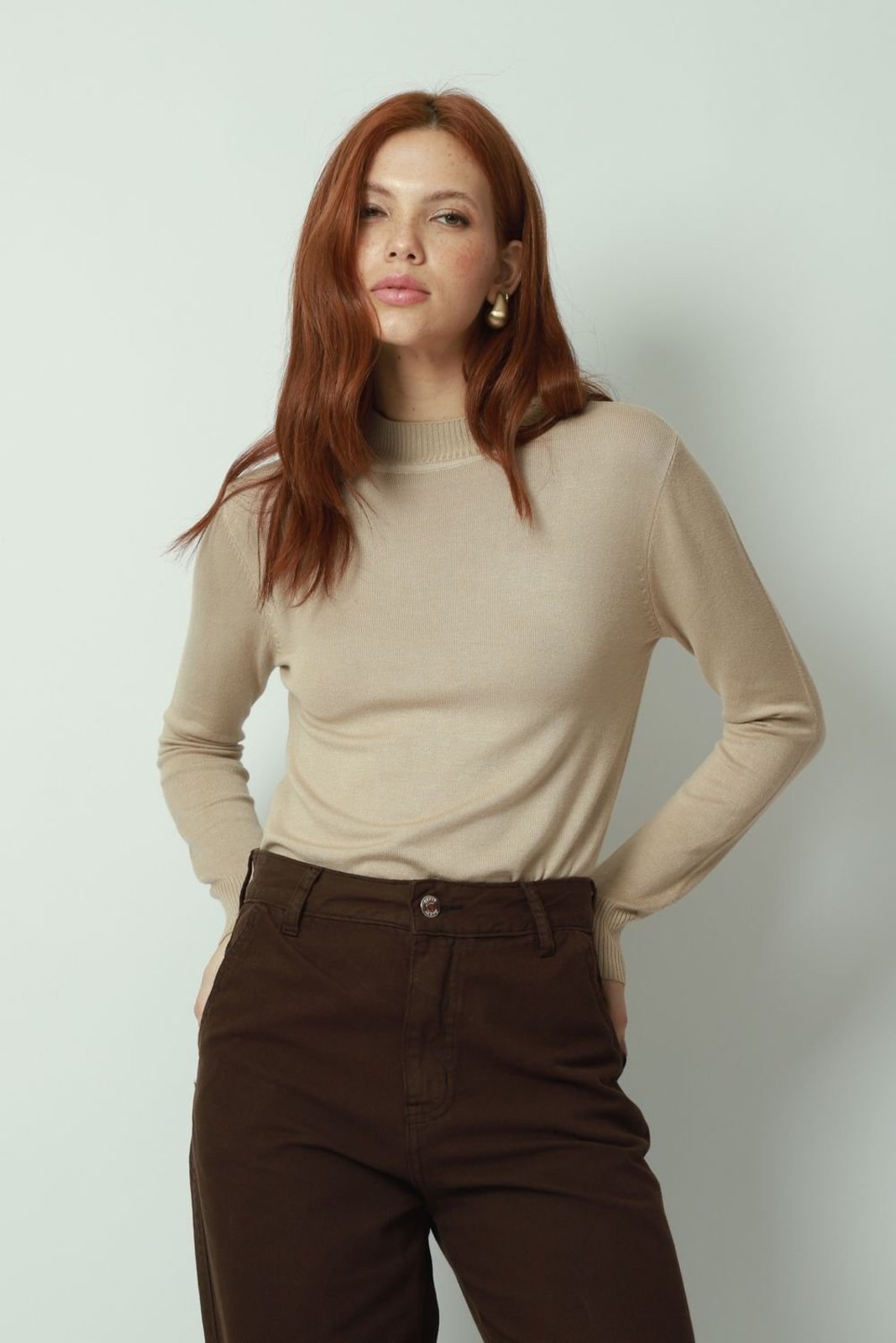 Blusa Básica Tricot Bege GG Gazzy