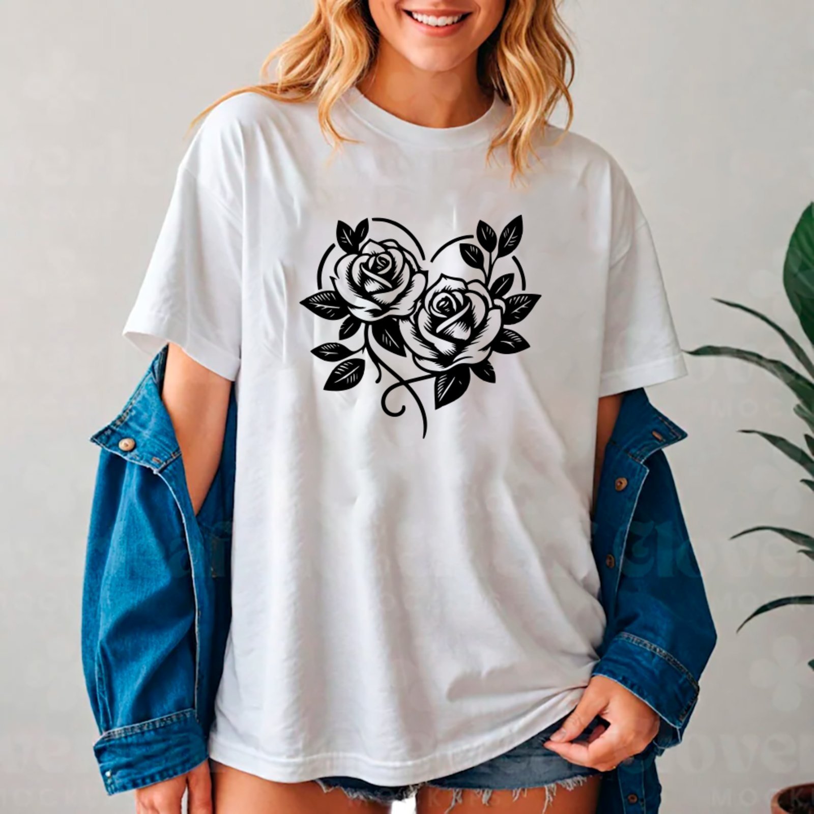 Vista 2 Camiseta Ousy Rosas Pretas Coração Oversized Feminina branco ousy branco