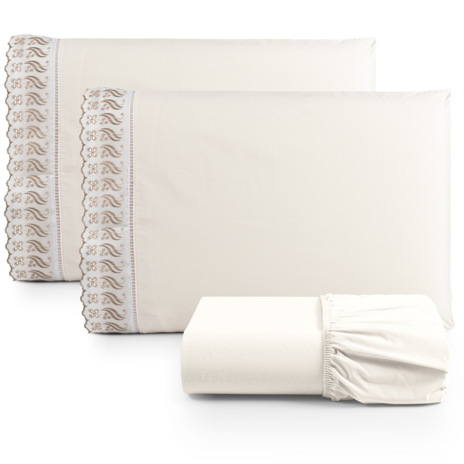 Jogo Cama Lençol Casa Scarpa Paris Casal Padrão Percal 180 Fios Algodão Lese Bordada 3 Peças - Palha