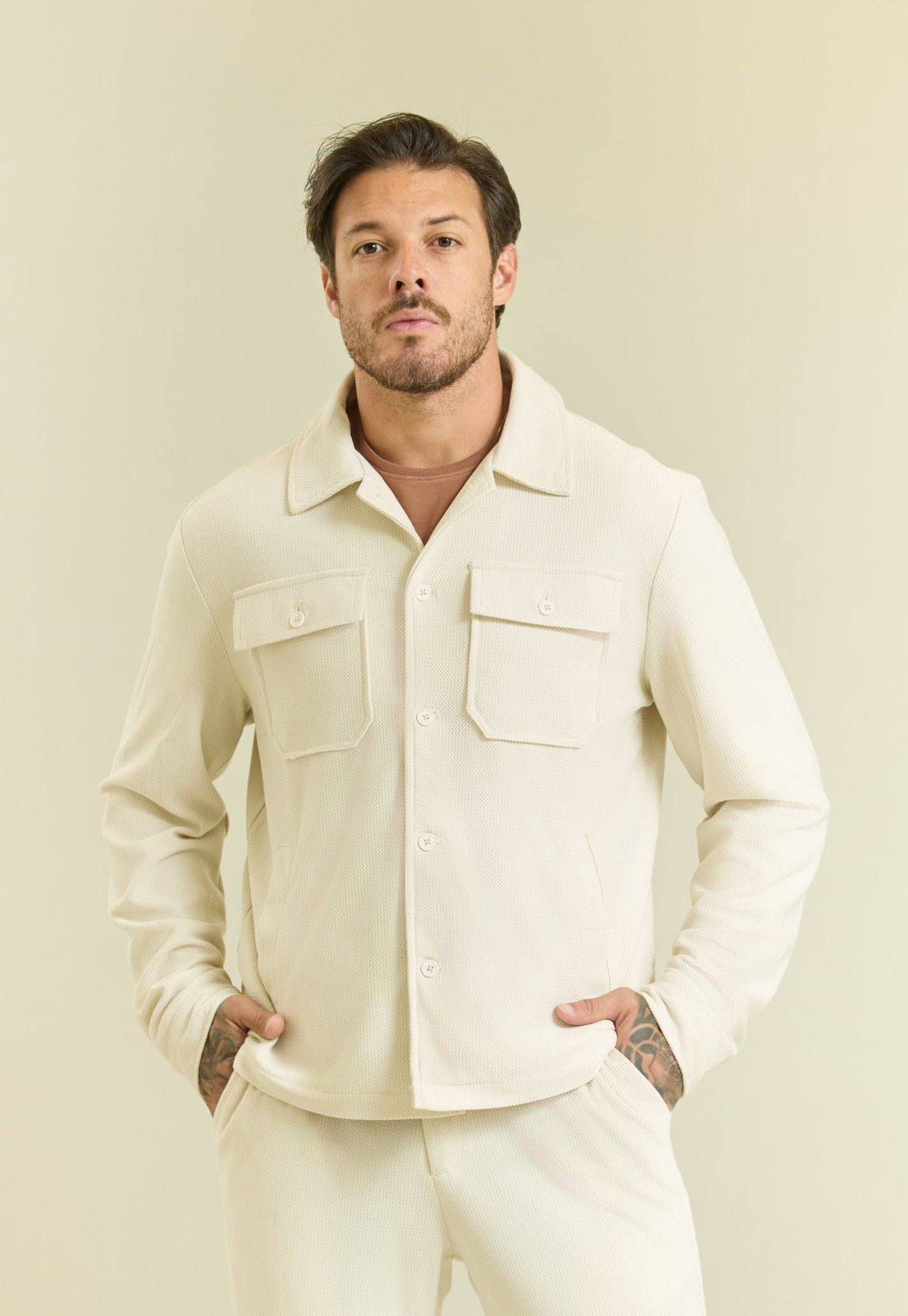 Camisa Waffle Masculina Manga Longa Bege em Poliéster Dialogo