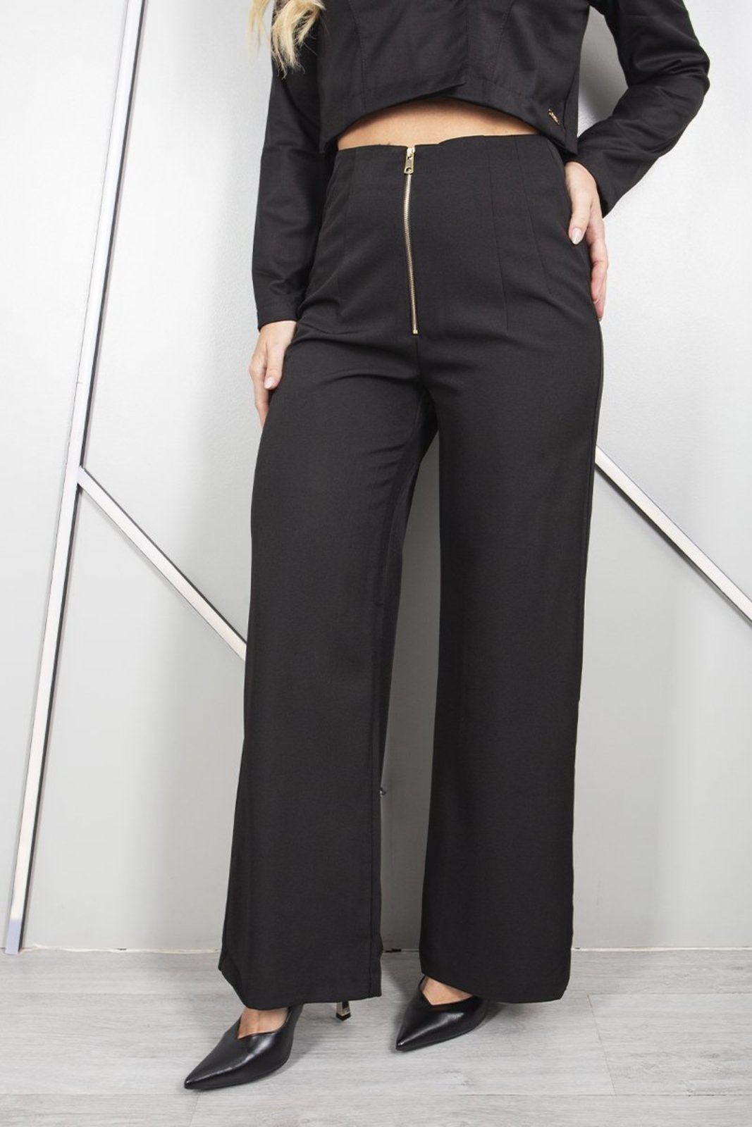Calça Feminina Pantalona Alfaiataria Cintura Alta Zíper Frontal