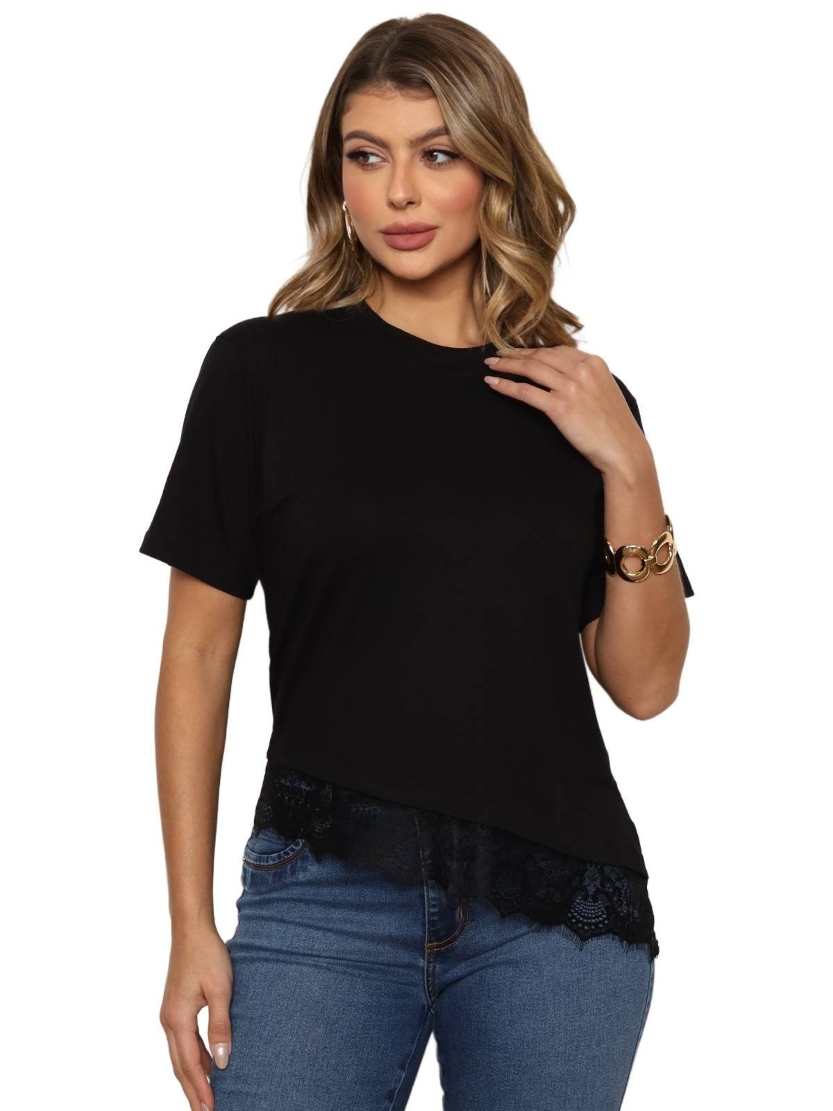 Blusa Feminina Manga Curta Gola redonda e Barra Assimétrica com Renda - Preto