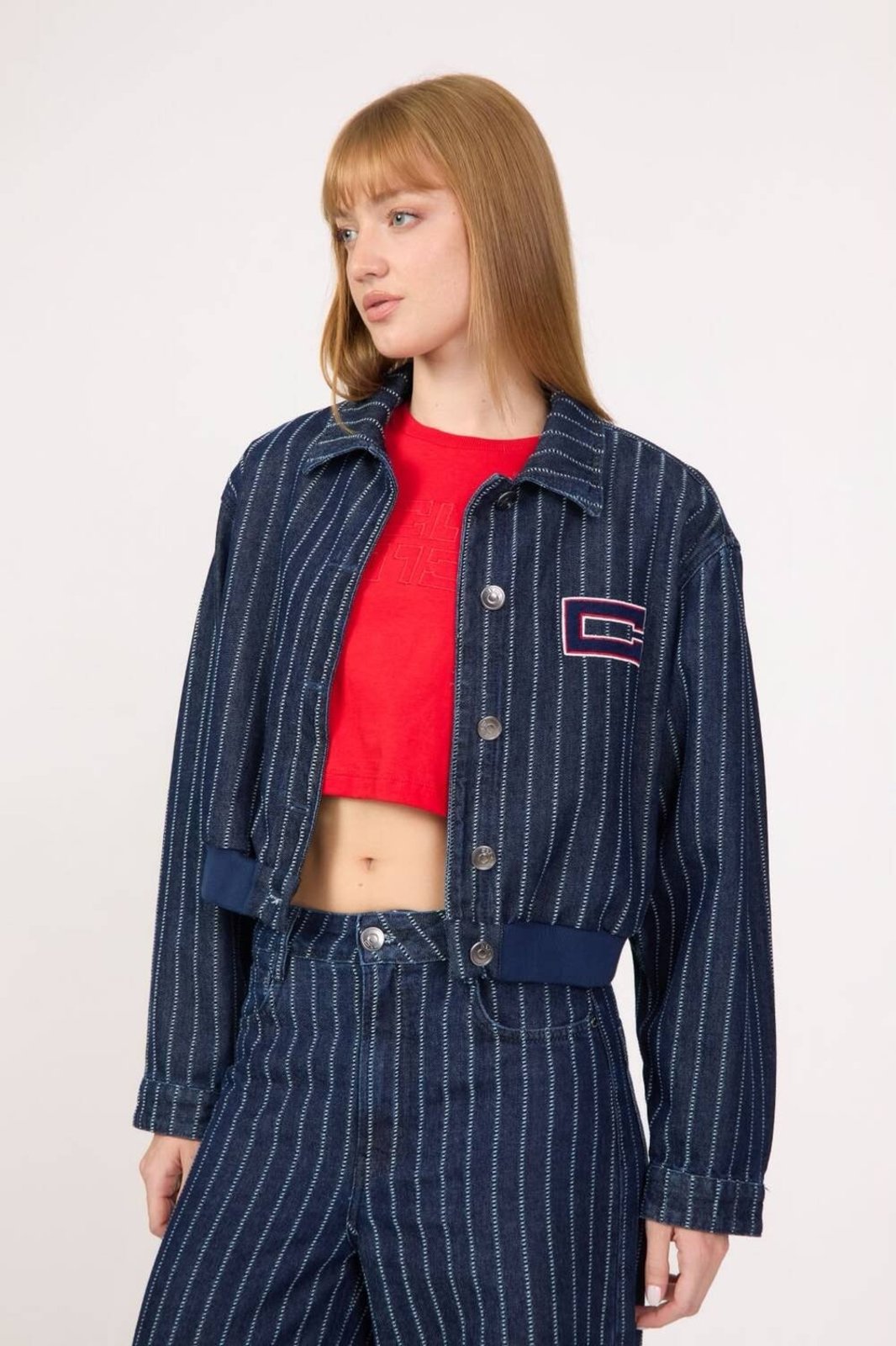 Jaqueta Jeans Bomber Feminina Listrada Colcci CLC Azul Listrado