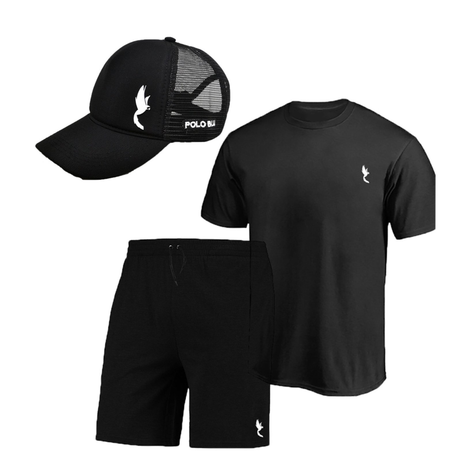 Conjunto Camiseta e Bermuda Confortável Leve com Boné Preto P ao GG