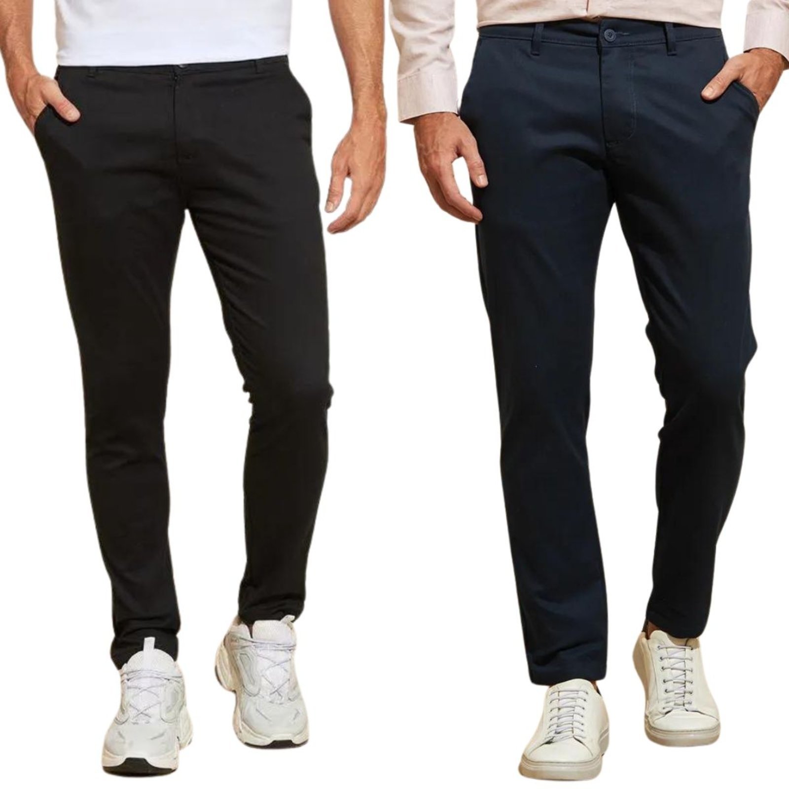 Kit 2 Calças FMF de Sarja Chino Com Bolso Traseiro Embutido Alfaiataria Skinny Preto e Marinho