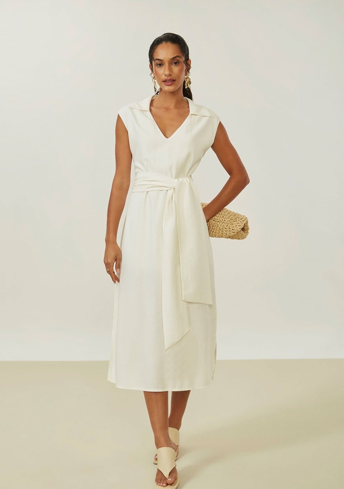 Vestido Maria Valentina Solto Decote V Sem Manga Midi Off-white