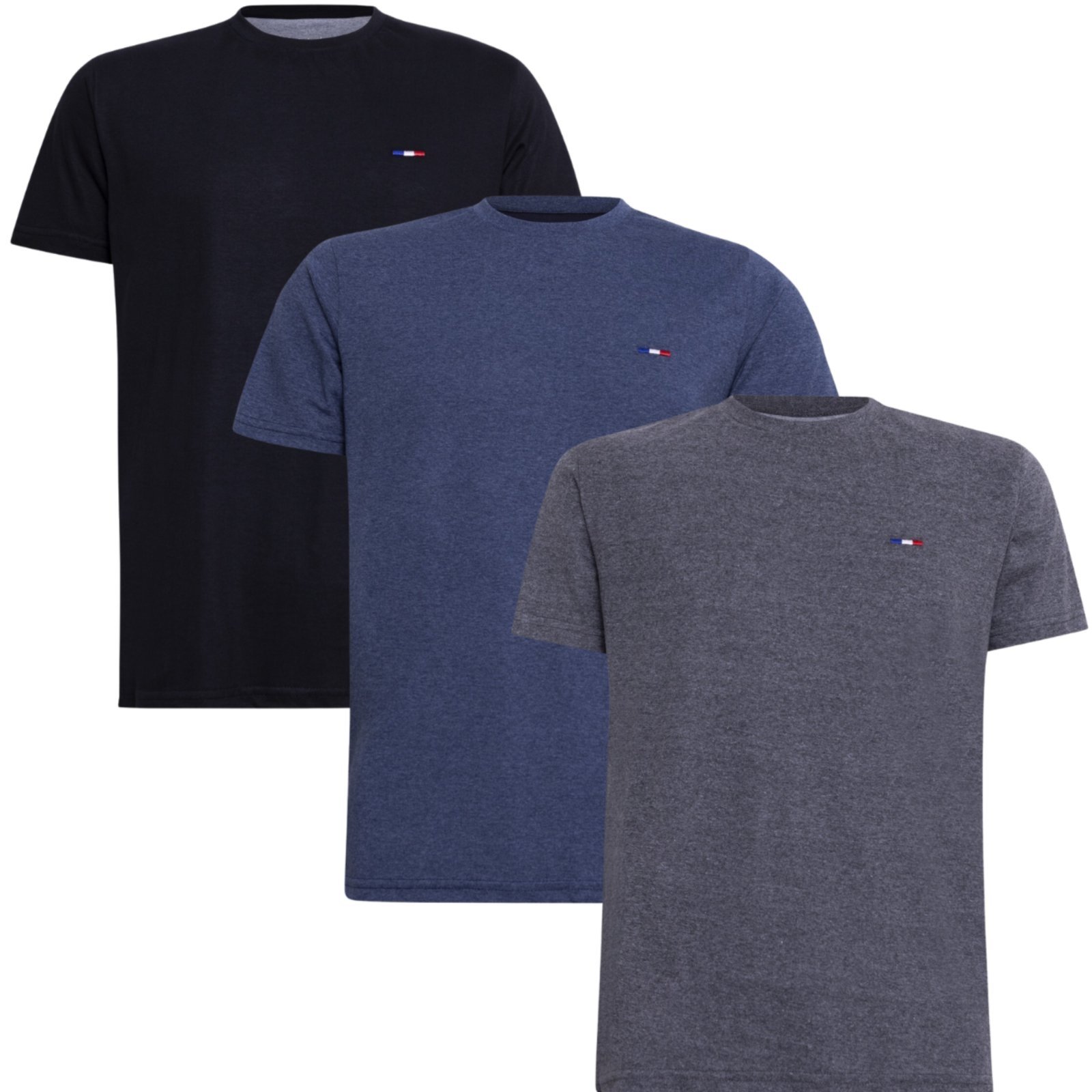 Kit 3 Peças Camisetas Básicas Masculina FMF Azul Mescla Preto Chumbo em Algodão Premium no Estilo Tommy Bordado França