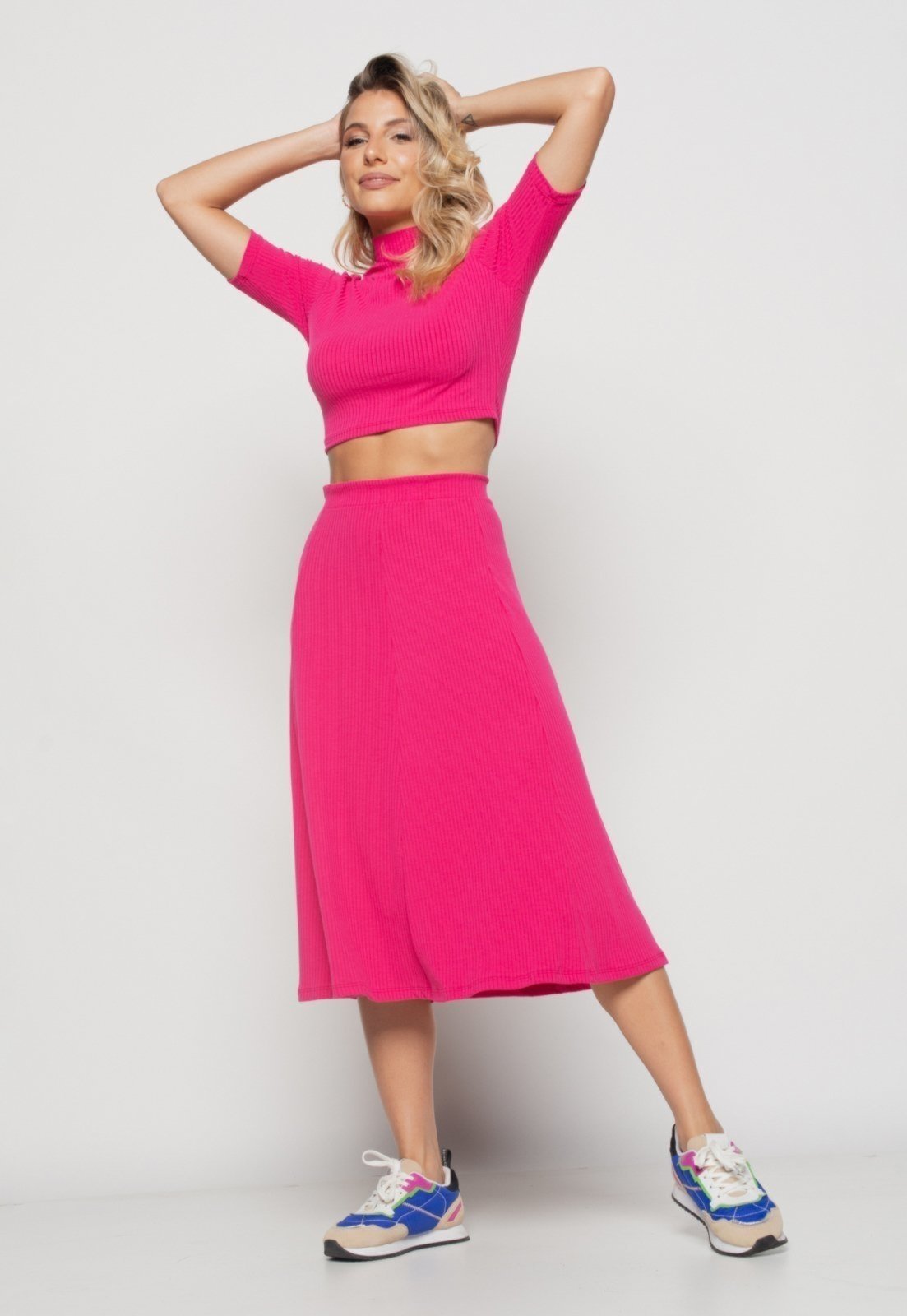 Vista 3 Saia Salvatore Midi Godê Canelada Pink Salvatore Fashion rosa pink Salvatore Fashion rosa pink