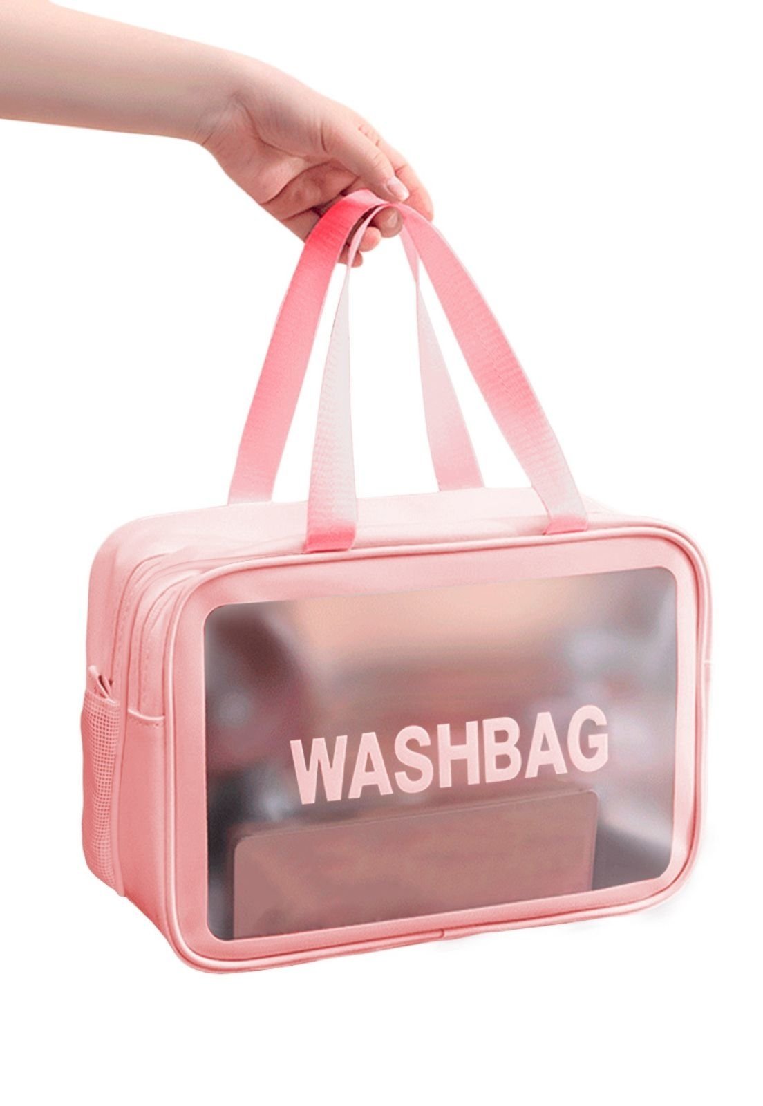 Bolsa Necessaire Feminina Para Viagem Organizador de Mala Gavetas Com Alça de Mão Transparente Semi Impermévael 2 Bolsos Rosa Claro