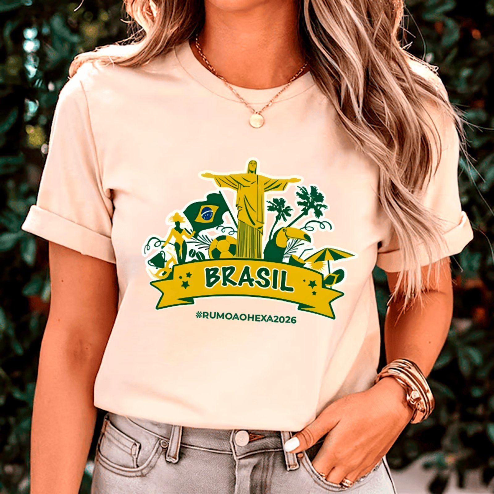 Camiseta Ousy Básica Brasil Copa 2026 Torcida Canarinho Futebol Unissex Off White