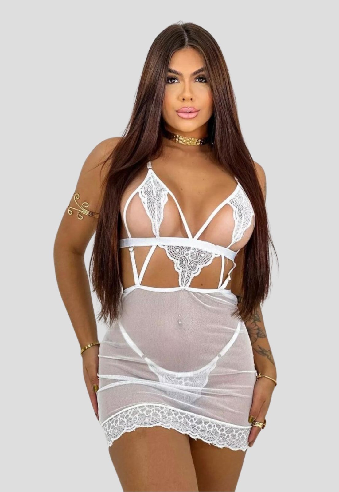 Camisola Sexy Tule Transparente E Renda Lingerie Branco
