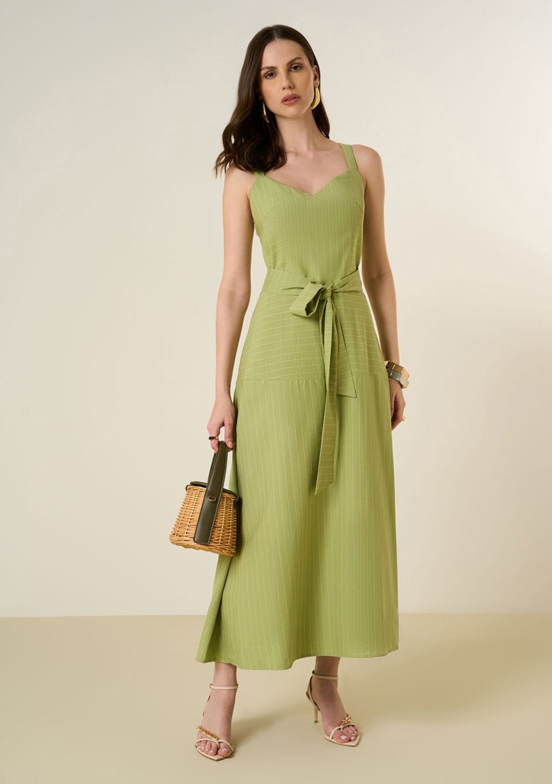 Vestido Maria Valentina Solto Decote V Com Alça Midi Verde