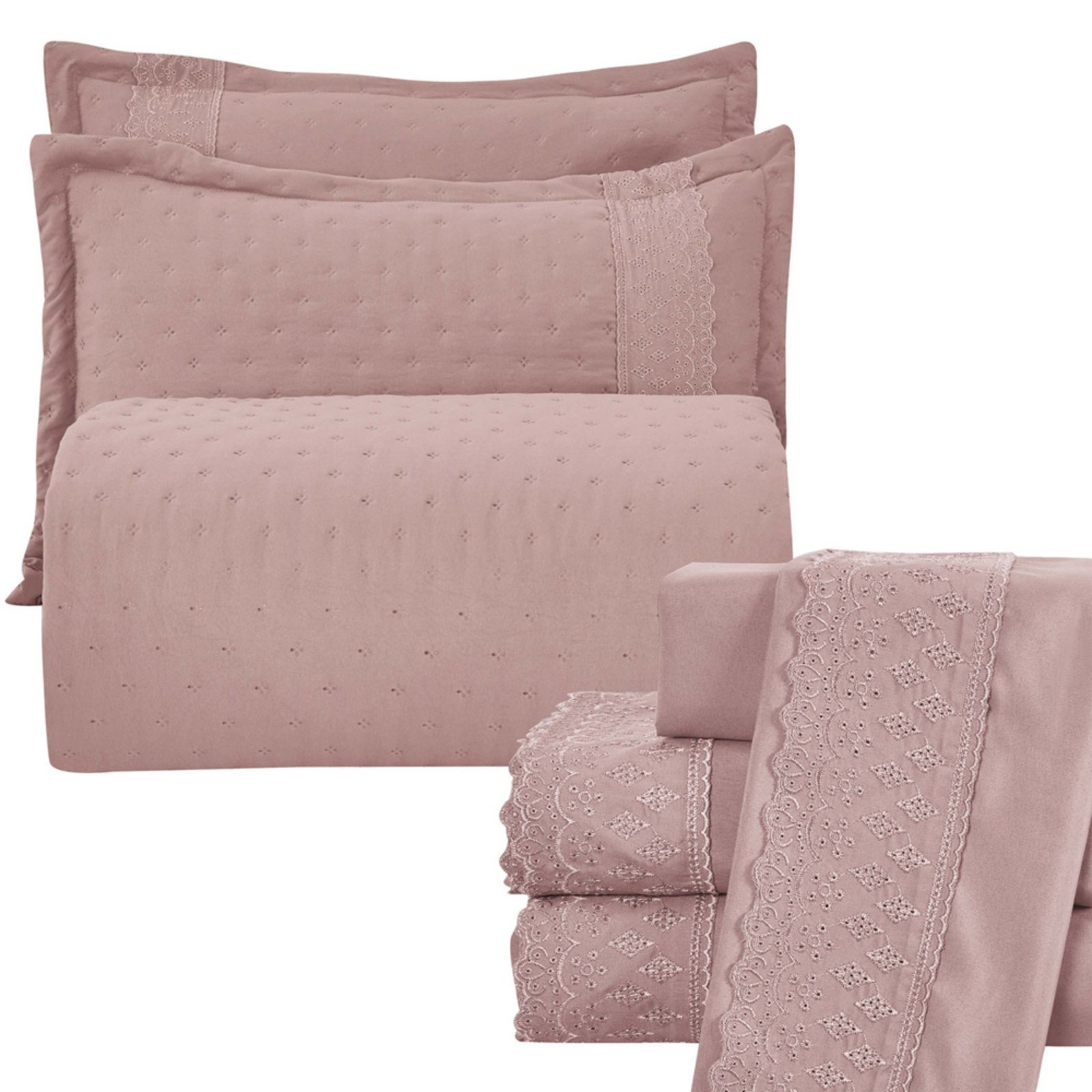 Kit Coordenado Casa Scarpa Grécia Cobre Leito + Jogo de Cama King Bordado Inglês 300 Fios - 7 Peças - Roxo Malva