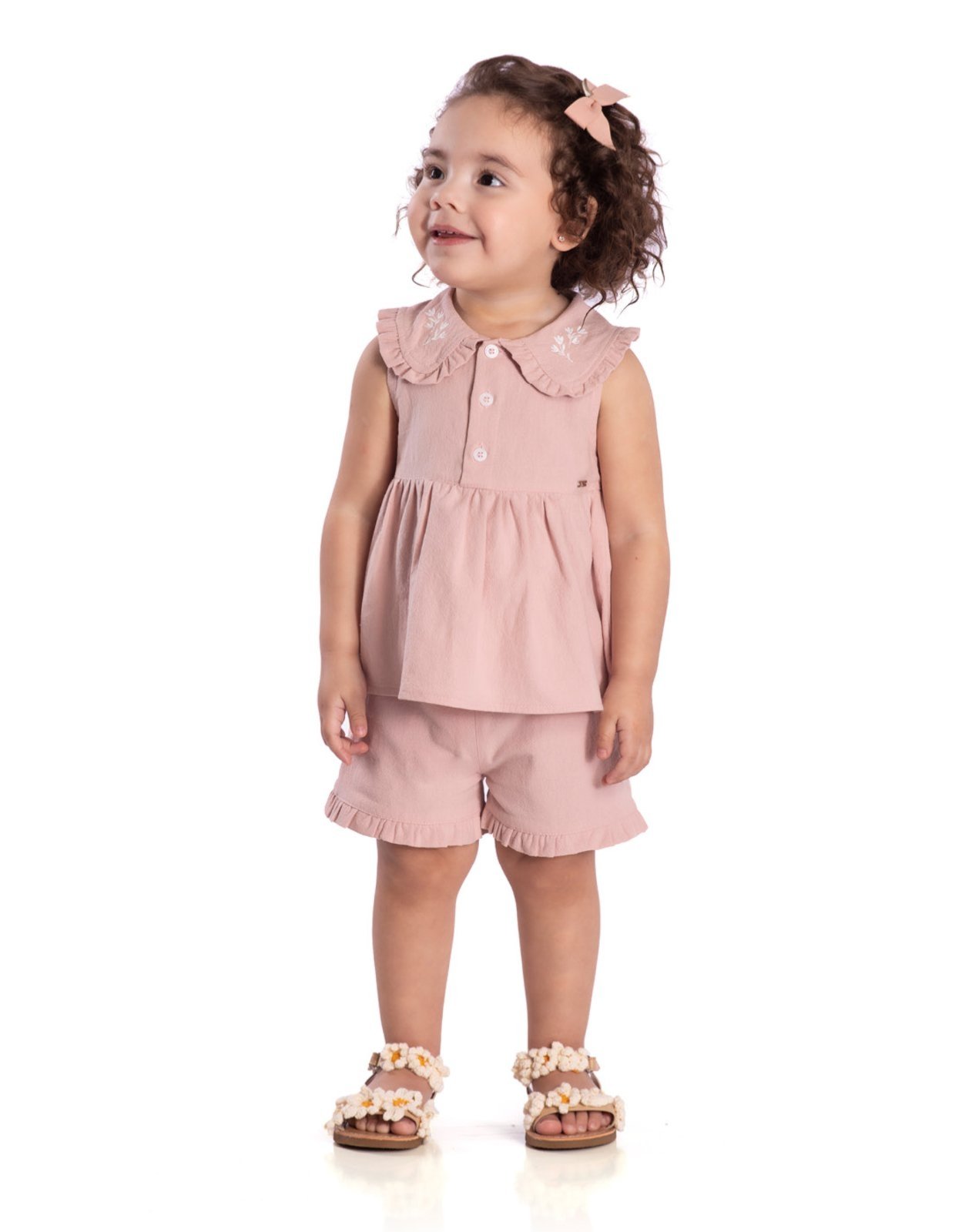 Infantil - Conj. bata sem manga gola redonda bordada + shorts