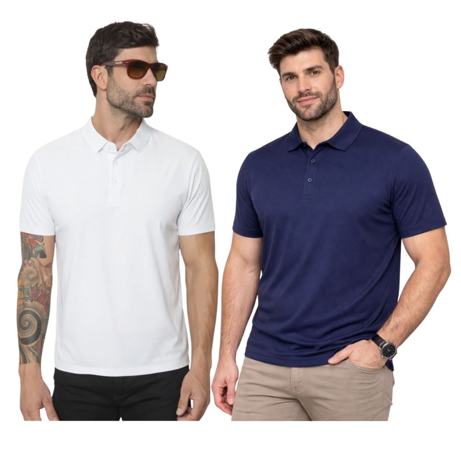 Kit 2 Camisas Polo Masculina Poliamida Premium Branco e Marinho
