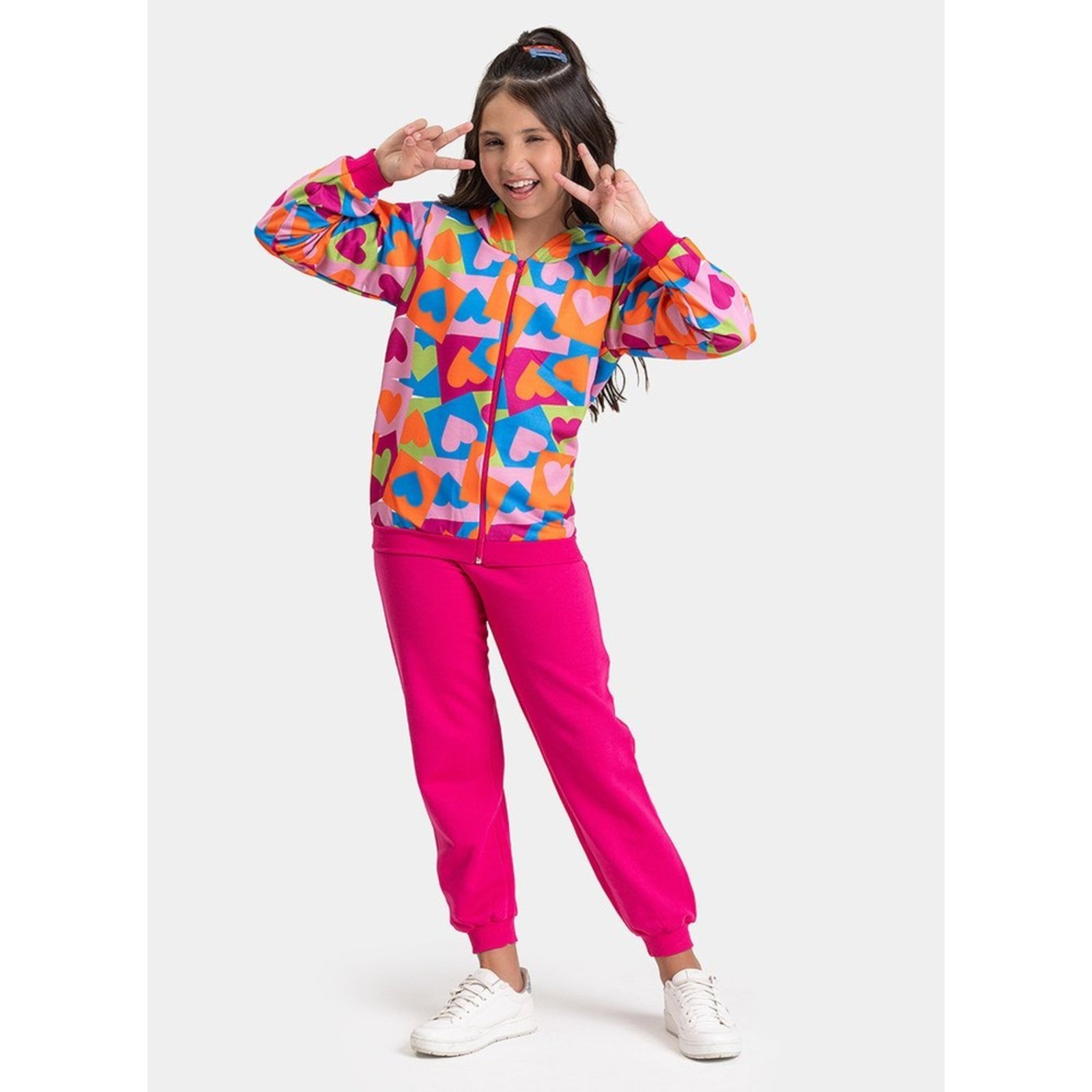 Infantil - Conjunto Inverno Menina Pink Jaqueta Zíper com Capuz e Calça em Moletom Corações