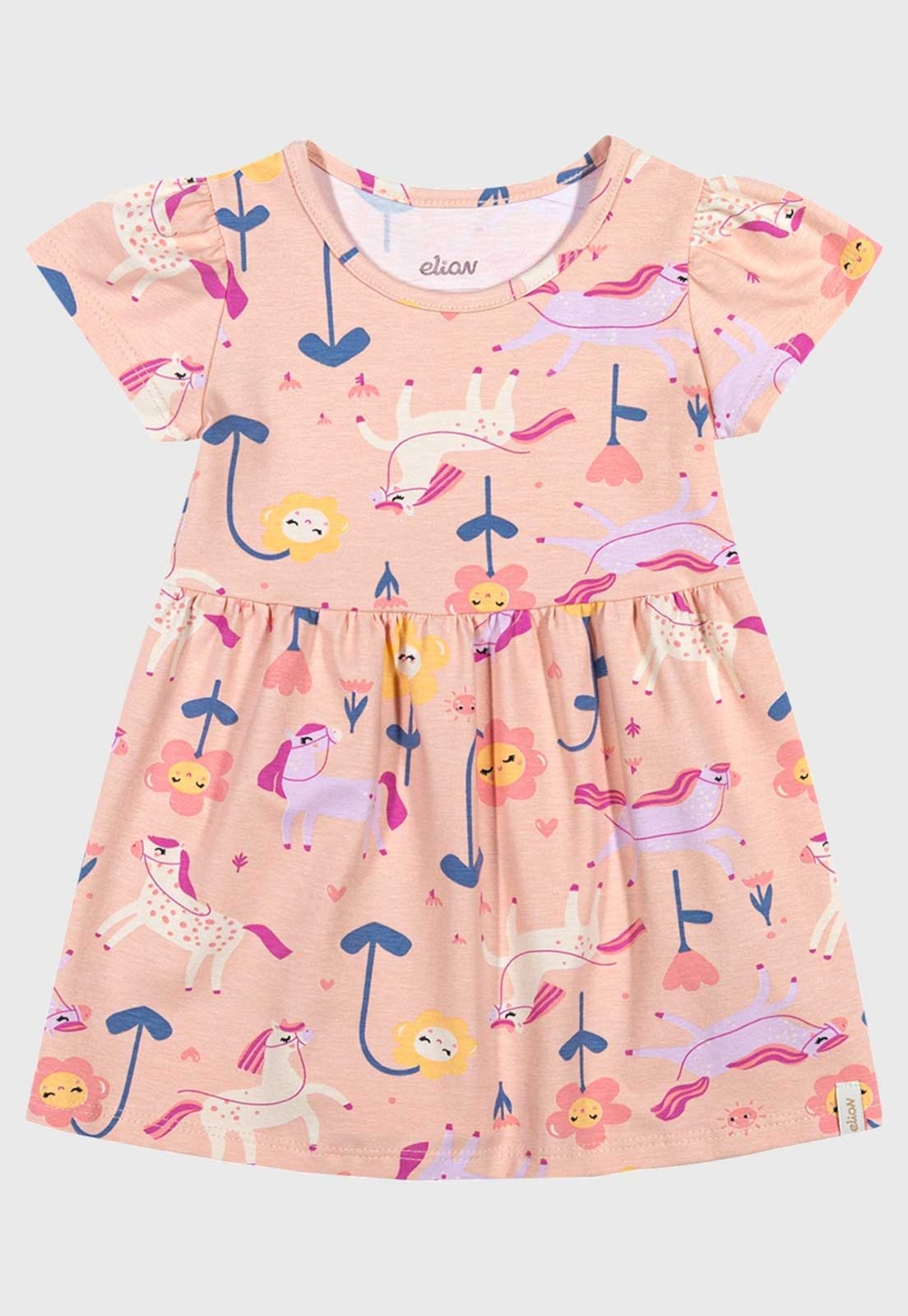 Vestido Elian Estampado Unicórnios e Flores Rosa