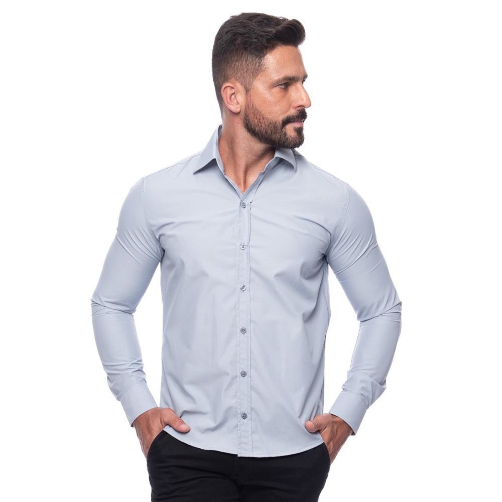 Camisa Social Masculina Slim Manga Longa Lisa Não Amassa Amarelo G Cinza