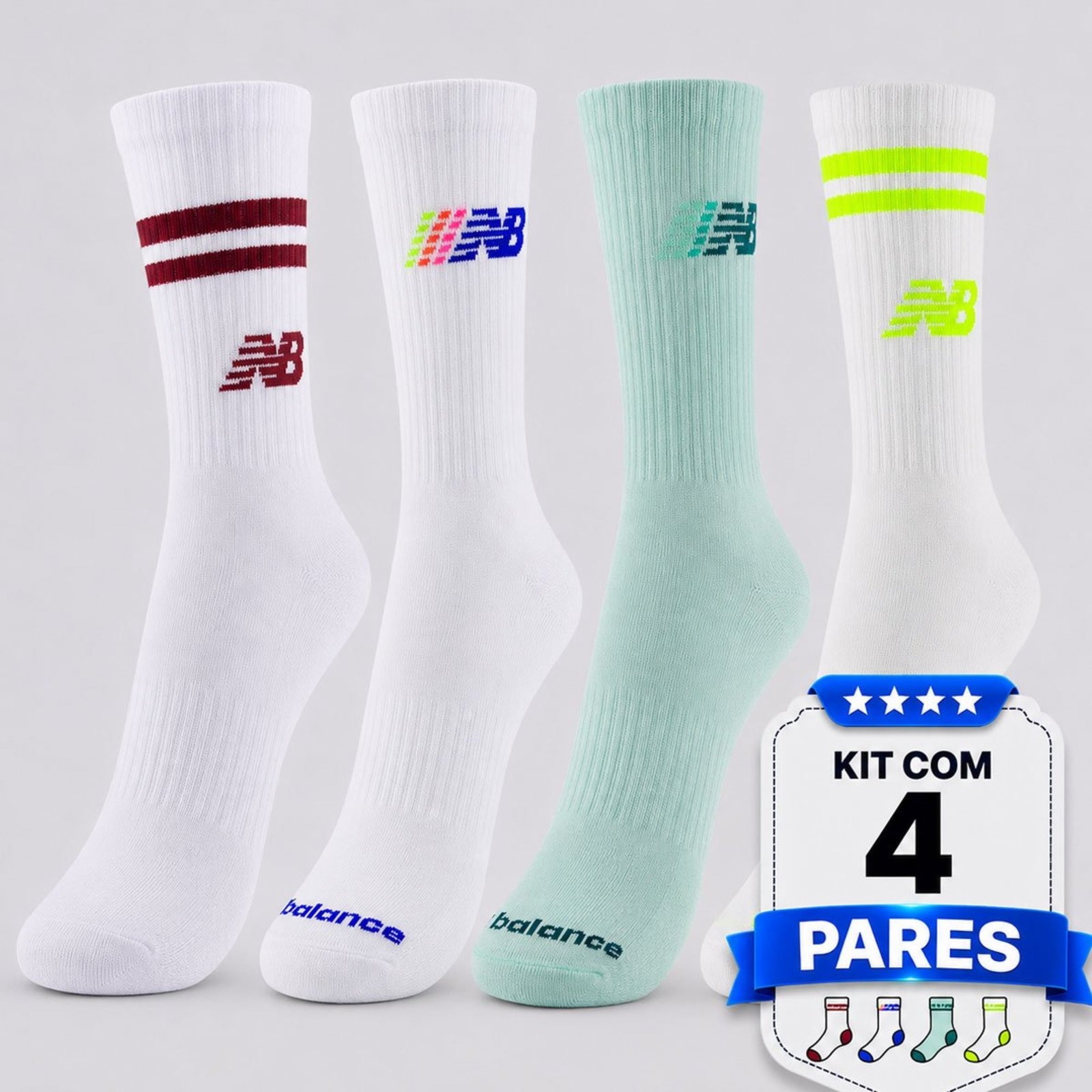 Kit Meia New Balance Cano Alto 4 Pares Feminina Branca Off White e Verde