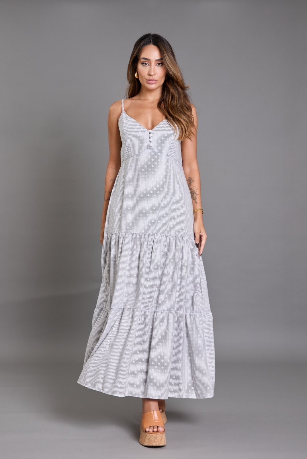 Vestido Longo Listrado de Alça com Poá Lemier Collection Preto