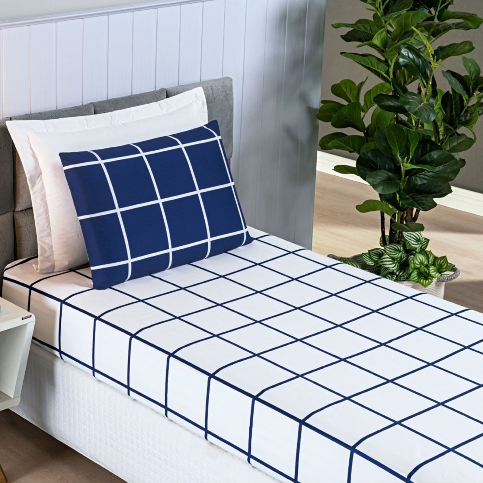 Jogo Cama Lençol Casa Scarpa Brooklyn Solteiro Quadriculado Micropercal 200 Fios 2 Peças - Azul Marinho