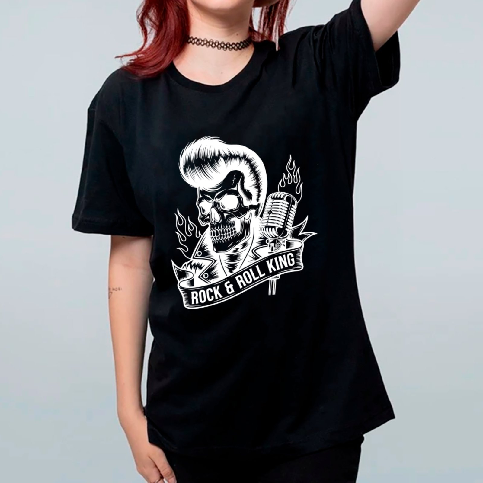 Camiseta Ousy Básica Rock And Roll King Caveira Unissex Preto
