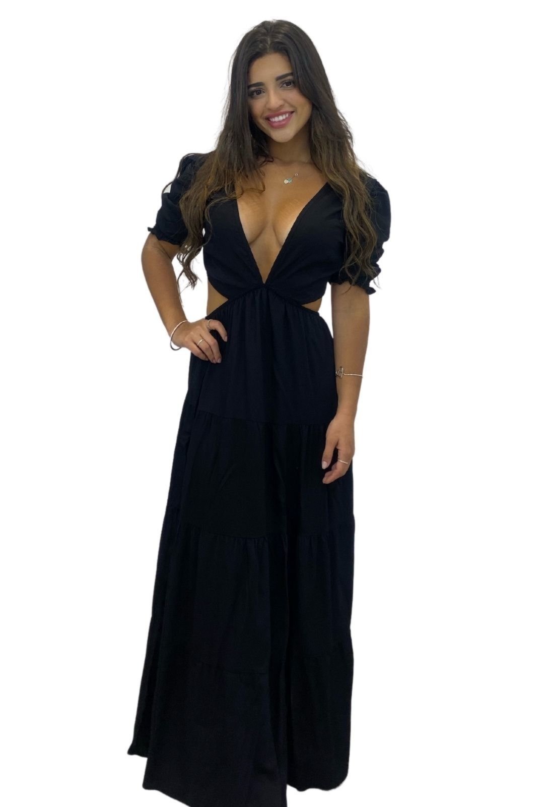 Vestido Decotado Manu Abertura Viscose Manga Curta Preto