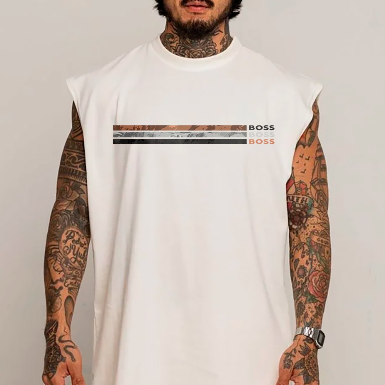 Camiseta Regata Machão Boss Urban Style Listrada Fashion Branco