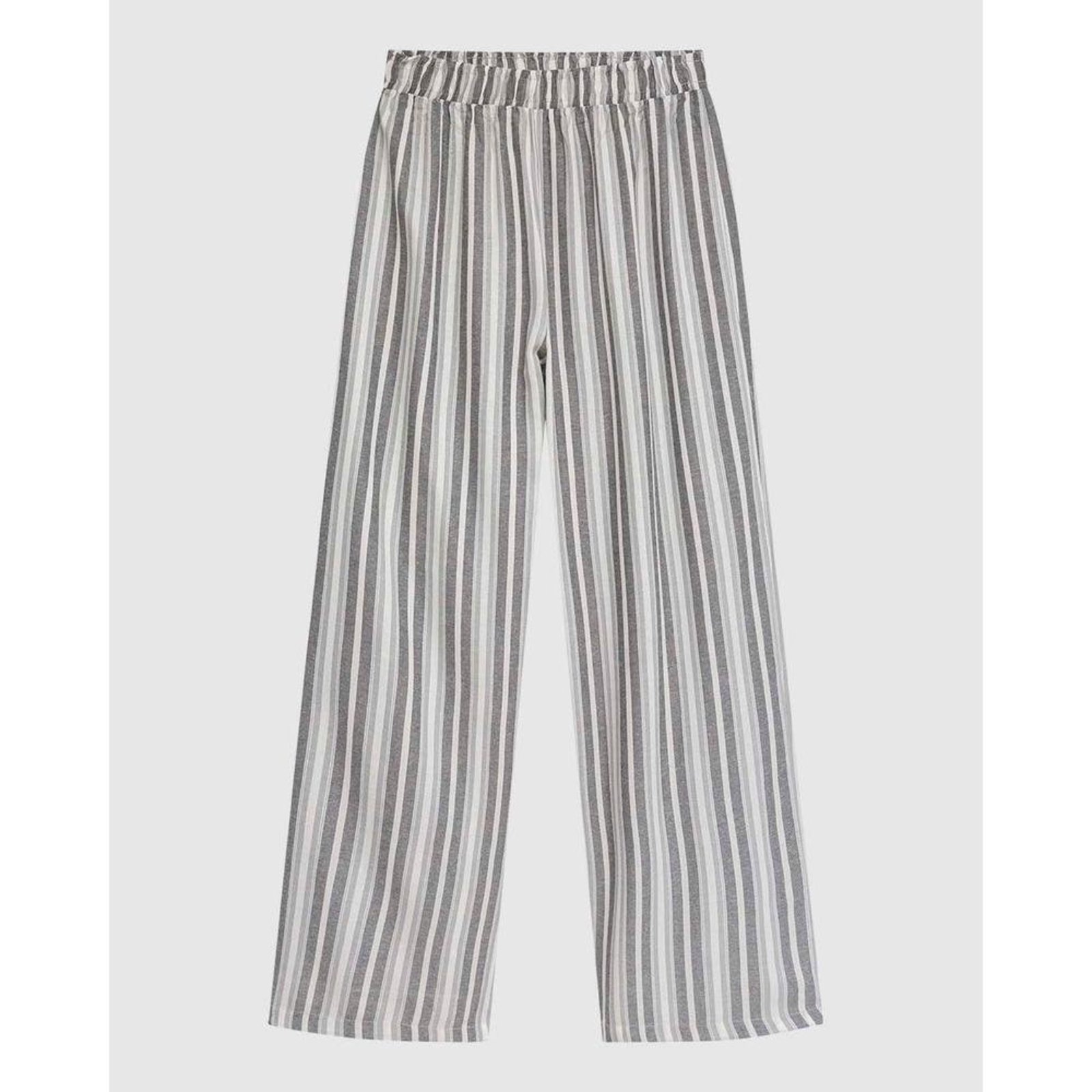 Calça Wide Leg Feminina Cós Elástico Em Tricoline Listrado