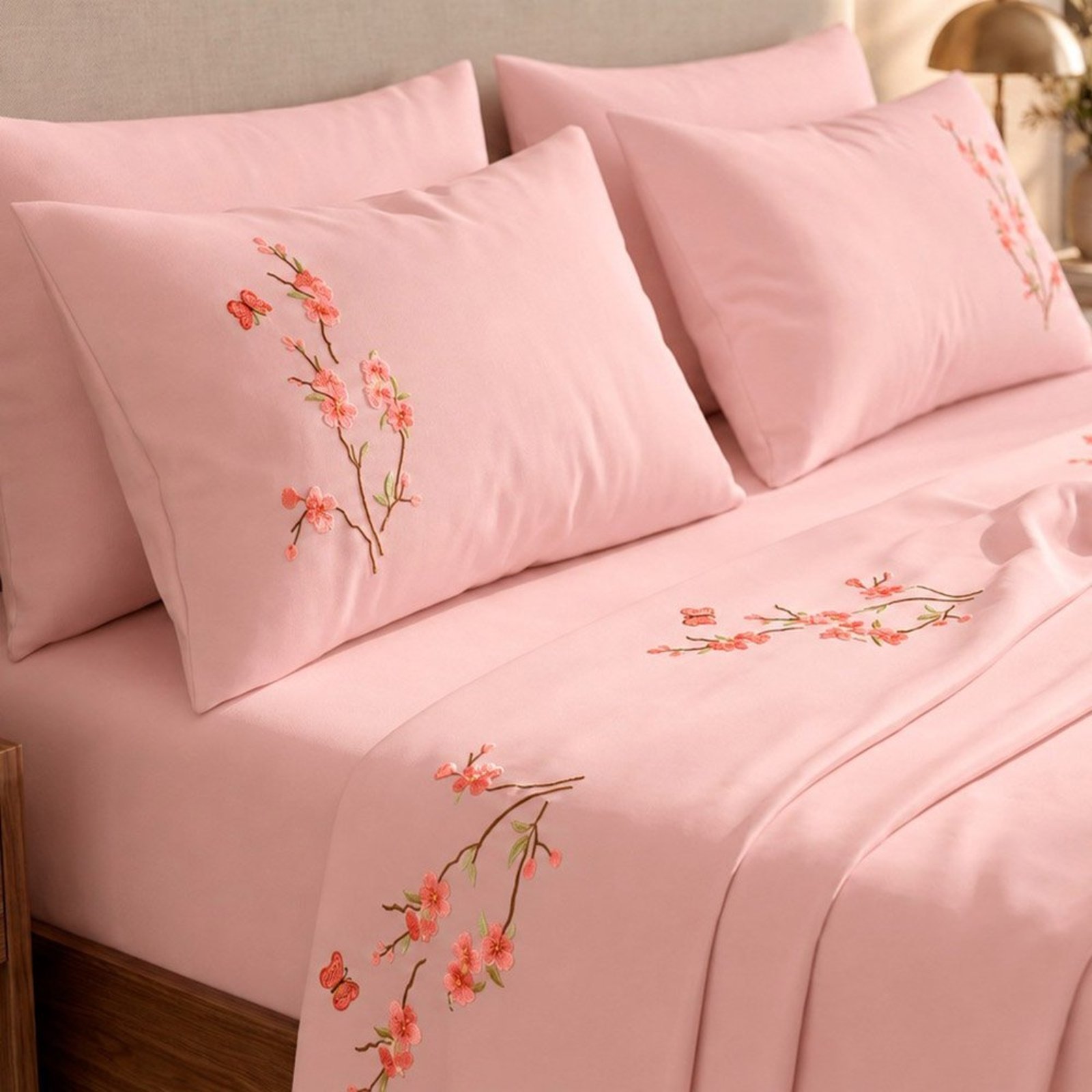 Jogo de Cama Lençol Casal Botanique Floral Micropercal 300 Fios Bordado 4 Peças Pêssego