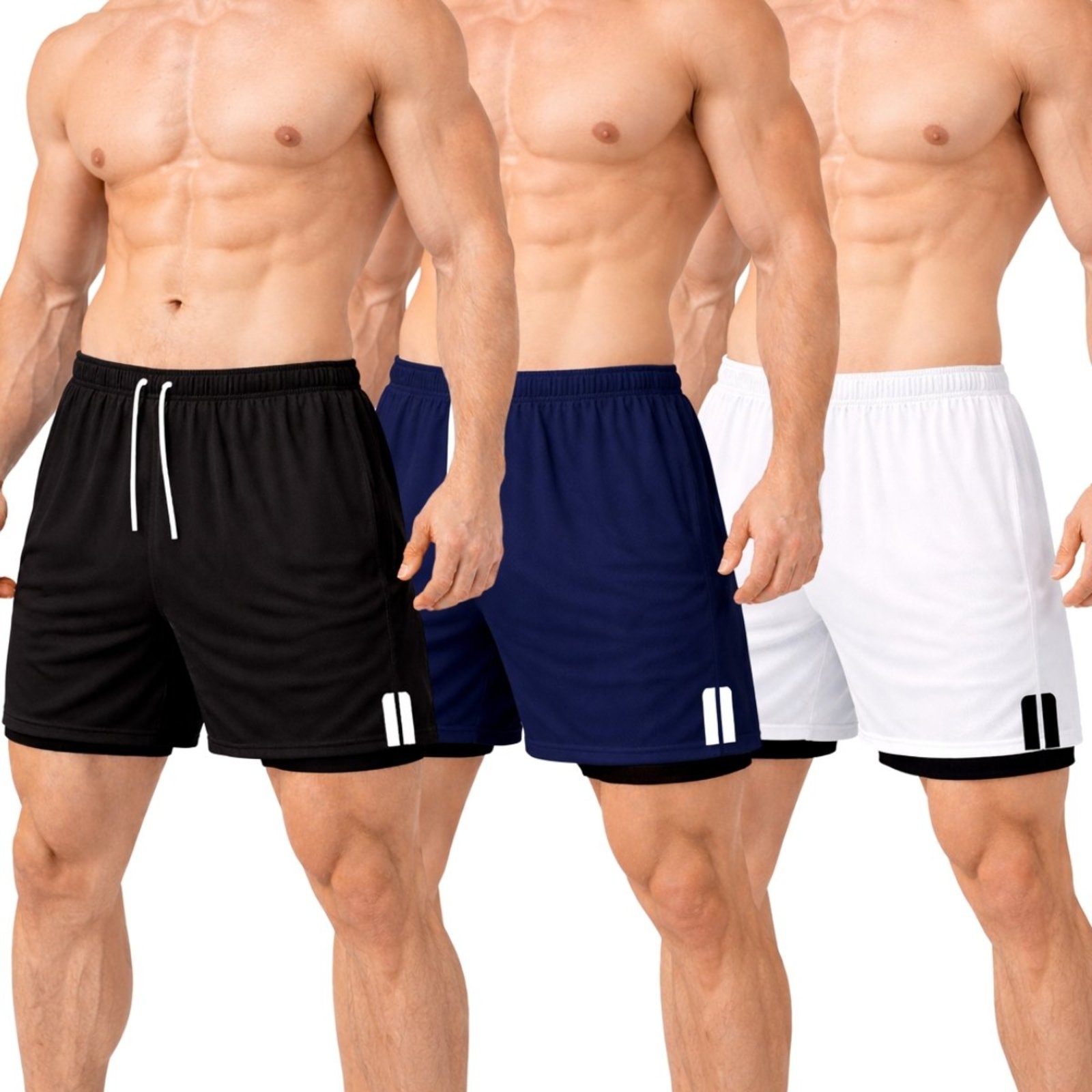 Vista 2 Kit 3 Short Treino Dry Fit Térmico 2 em 1 com Bolso para Celular e Porta-Toalha Calção Fitness Academia Relaxado multicolorido Relaxado multicolorido