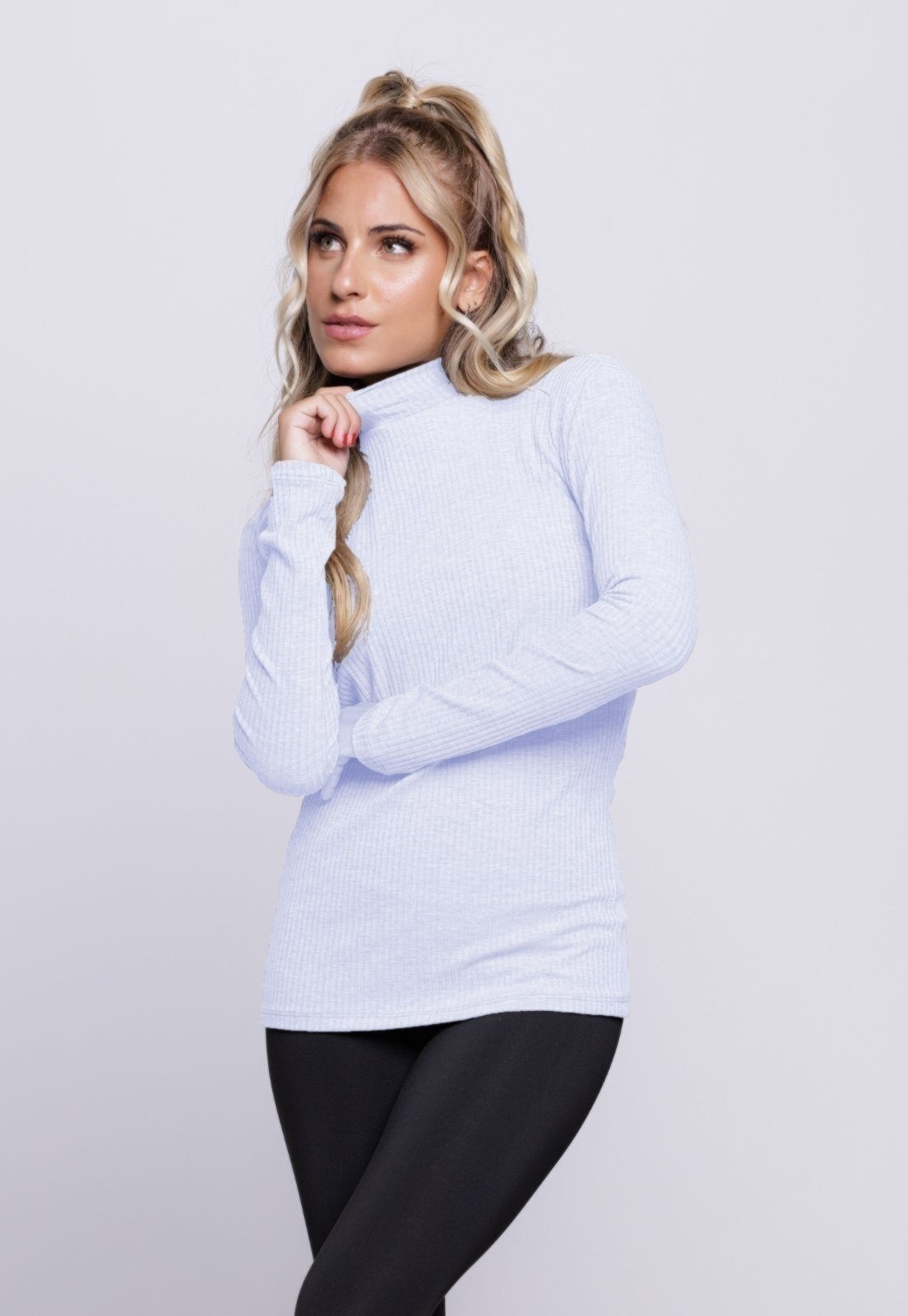 Blusa Canelada WLS Modas Manga Longa Gola Alta Feminina Casual Branco