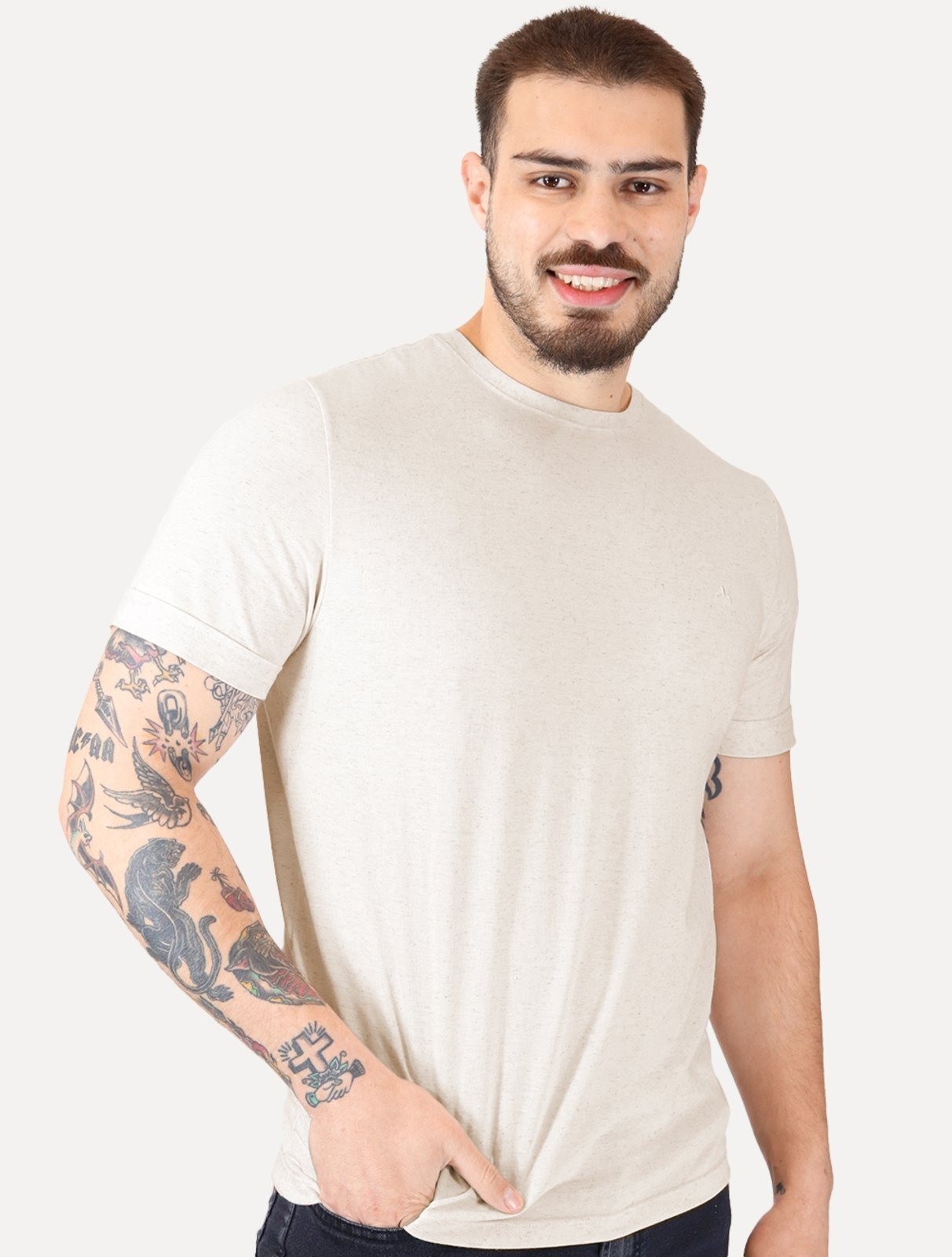 Camiseta Dudalina Masculina Cotton Linho Cáqui Claro