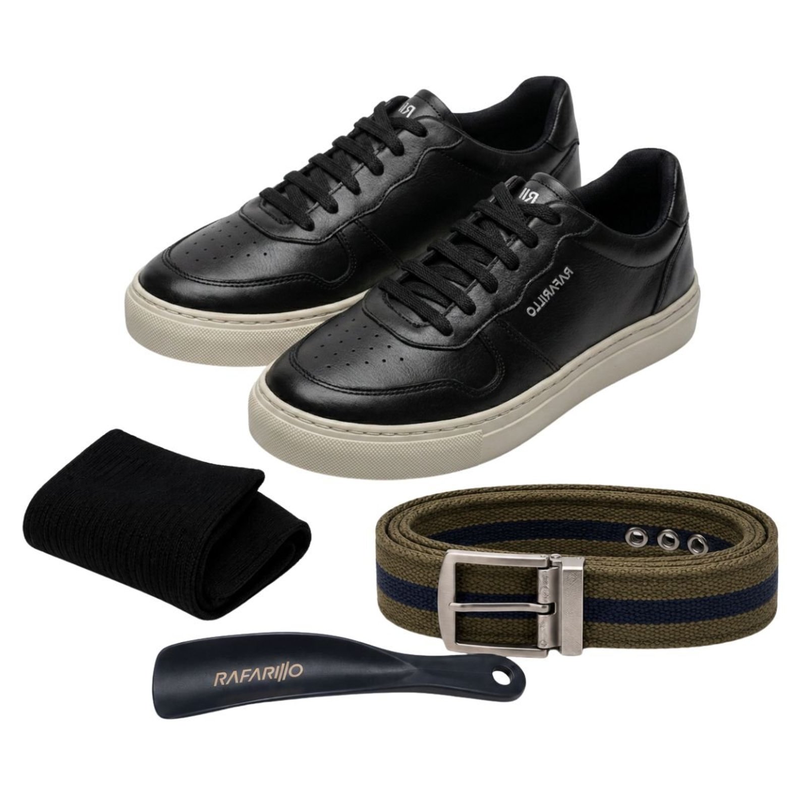 Kit Sapatênis Masculino Rafarillo em Couro Casual com Cinto Gorgurão Meia e Calçadeira