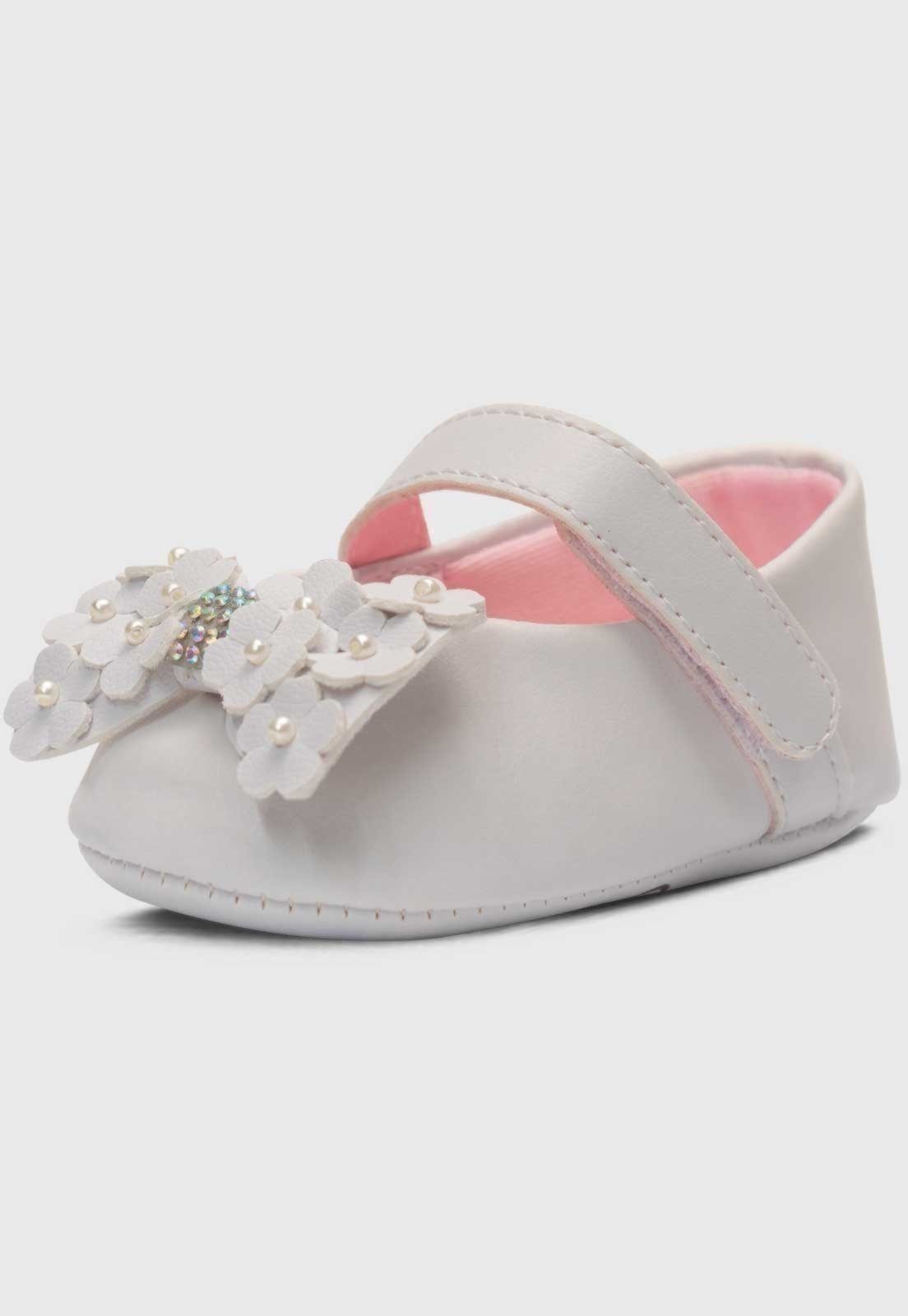Infantil - Sapatinho Pópidi Menina Sapatilha Laço Flores Branco