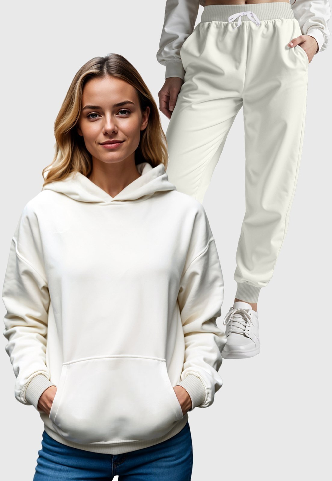 Conjunto Blusa e Calça Moletom Liso Feminino Benellys Off White