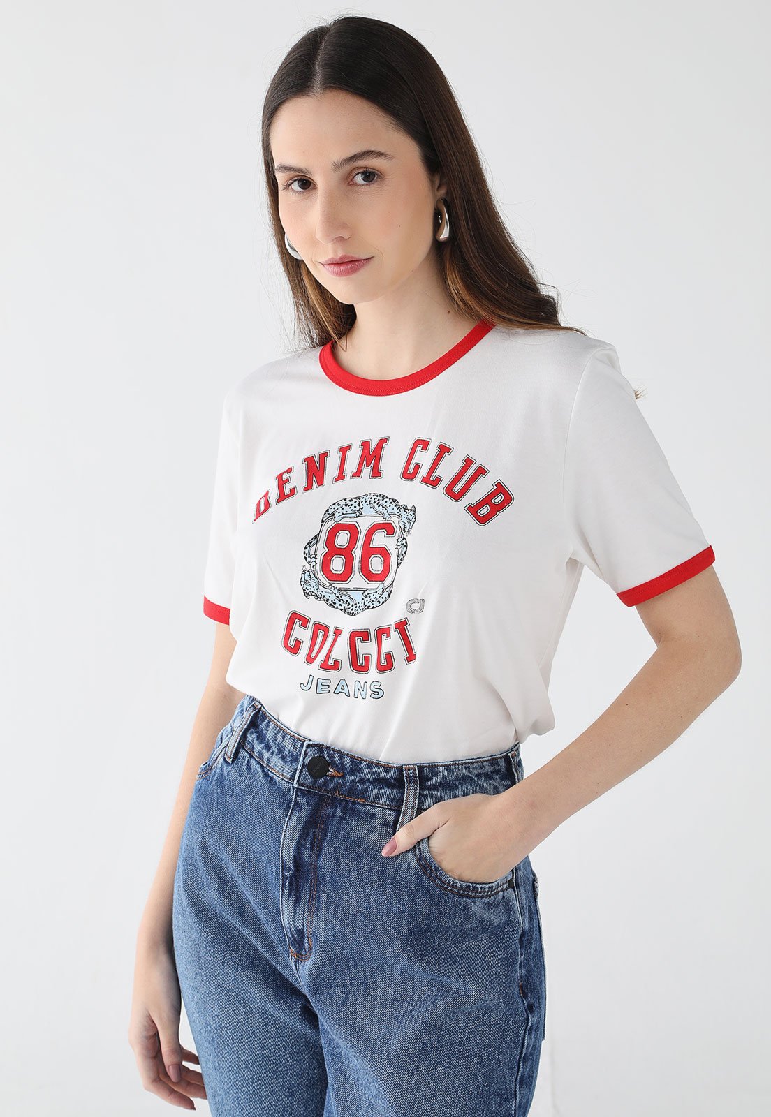 Camiseta Feminina Colcci Jeans Estampa College Branca
