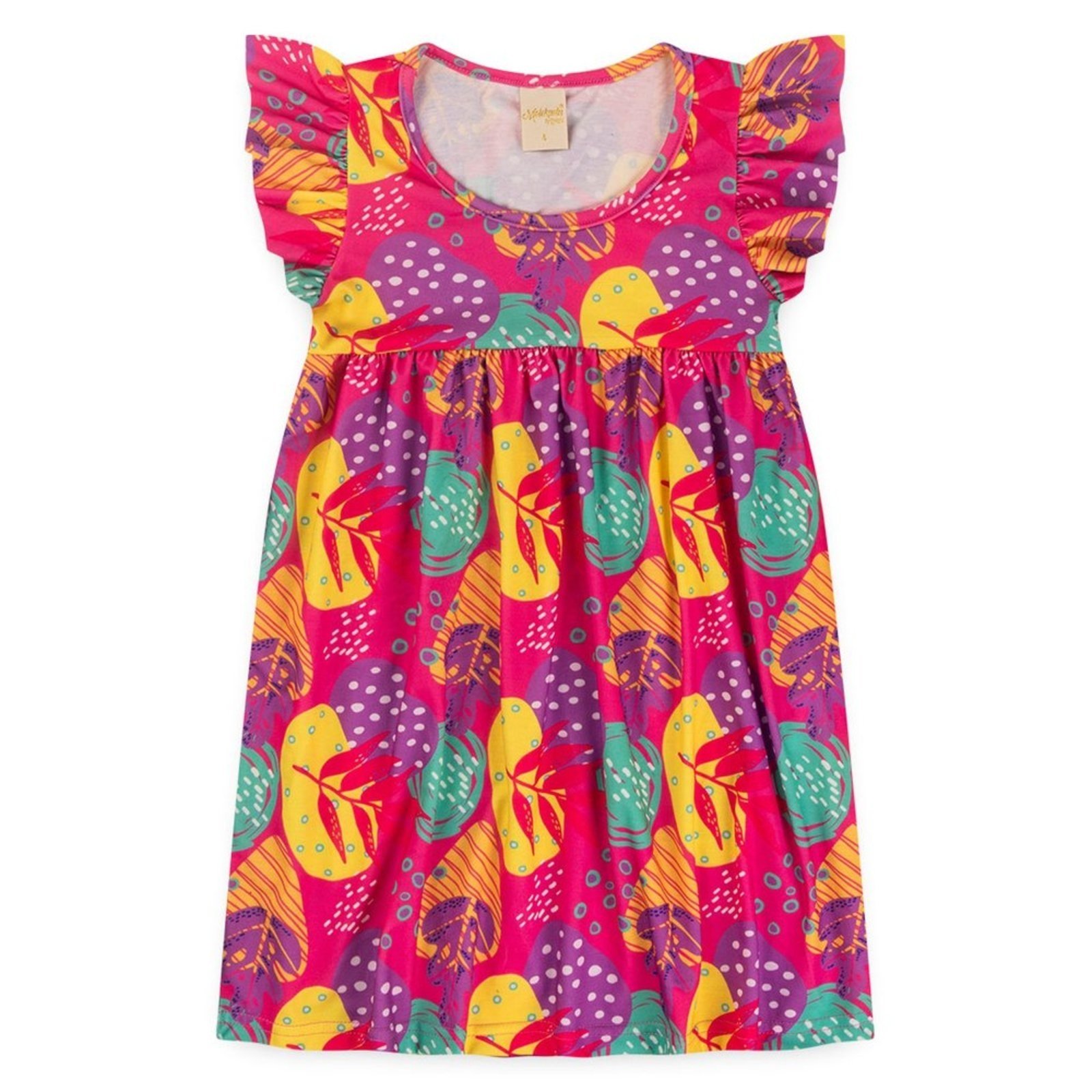 Vista 3 Infantil - Vestido Menina Poema Com Manga Babado Folhas Encantadas Molekada rosa Molekada rosa