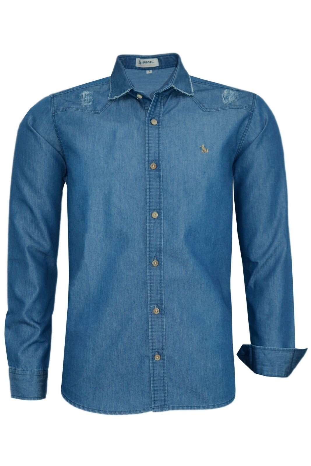 Camisa Social Jeans Amil Masculina Comfort Tecido Misto 1810