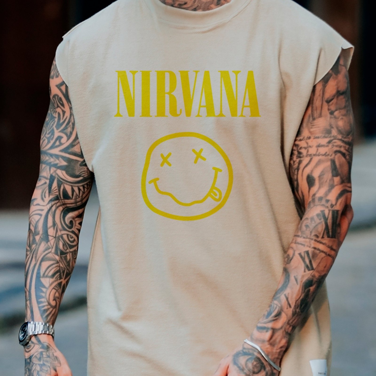 Camiseta Regata Machão Nirvana Smiley Grunge Rock Street Style Premium Off White