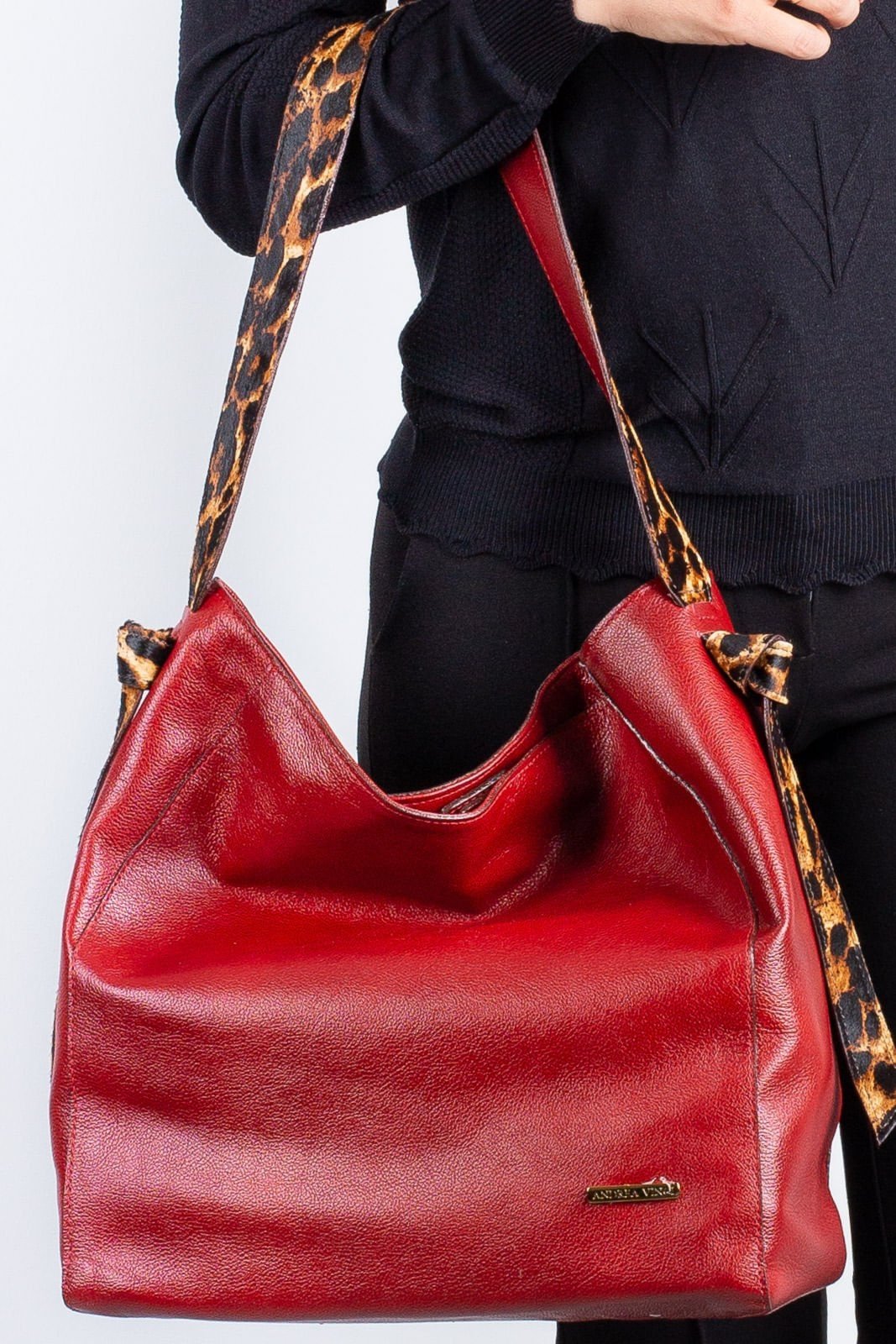 Bolsa sacola de ombro em couro estampado Mara - Vermelho