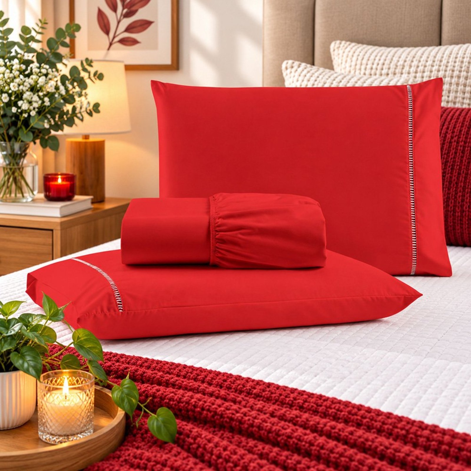 Jogo de Cama Lençol King Pluma Percal 180 Fios 3 Peças 100% Algodão - Vermelho